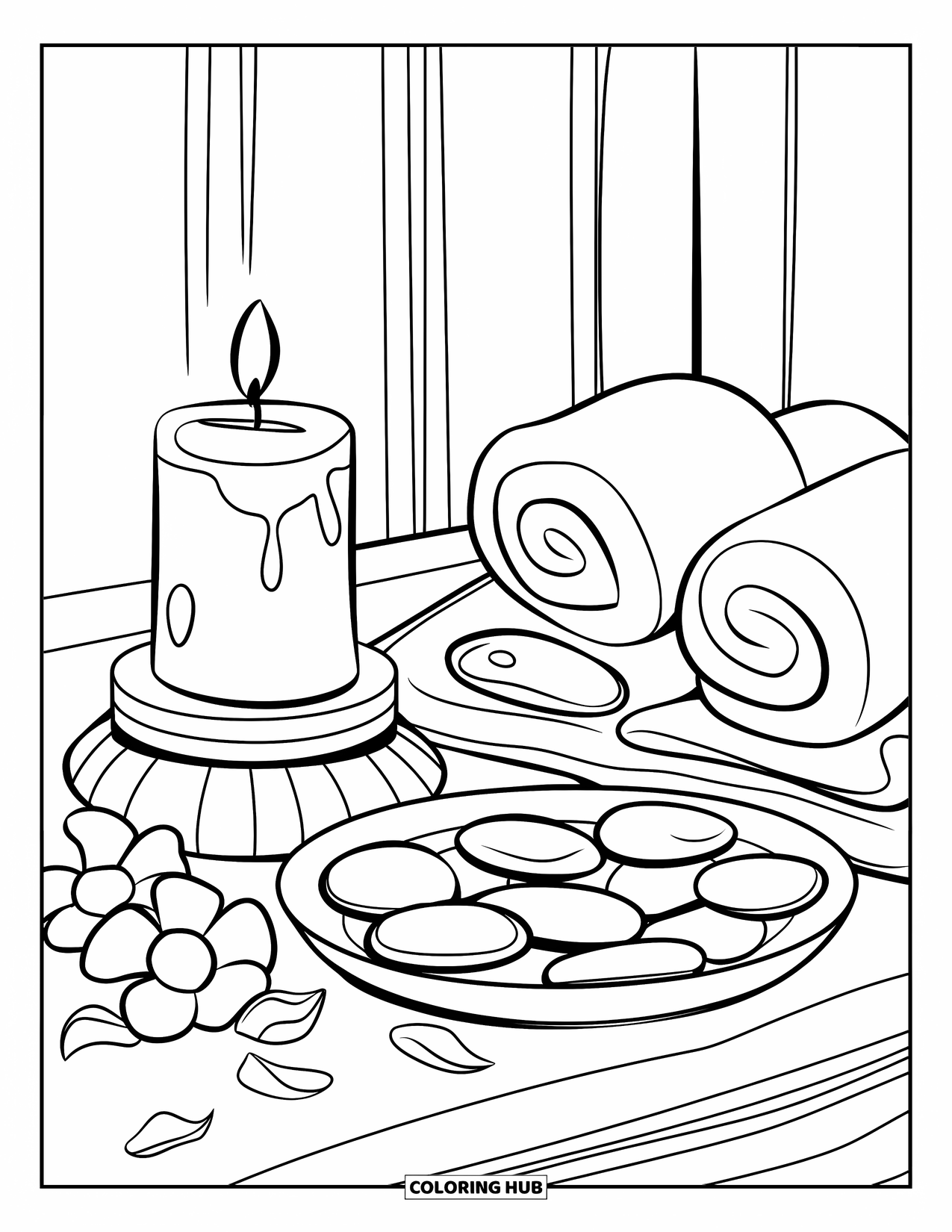 Candle Coloring Page for Kids: Candle, towels, and flower petals arranged in a calm spa setting