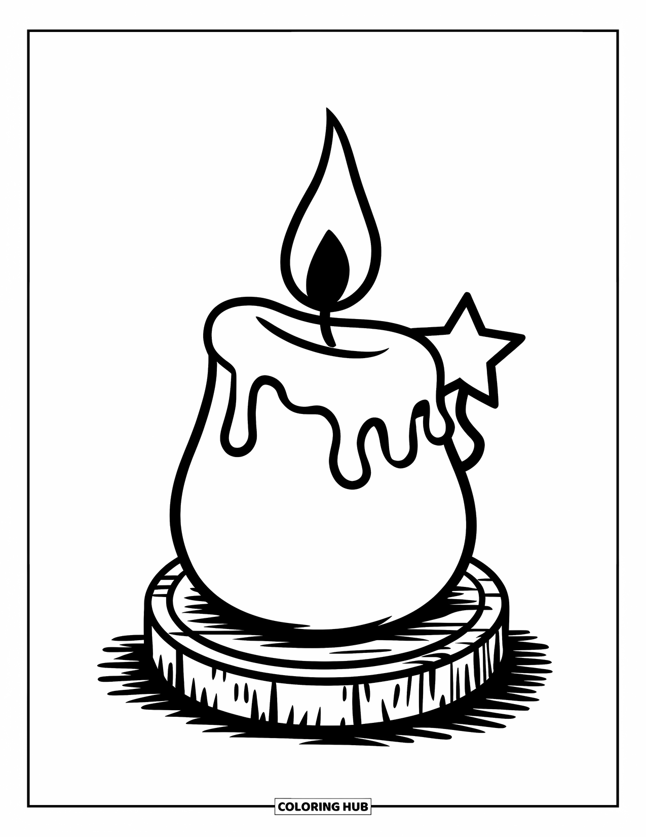 Candle Coloring Page for Kids: Chubby candle with wax drips sits beside a star on wood