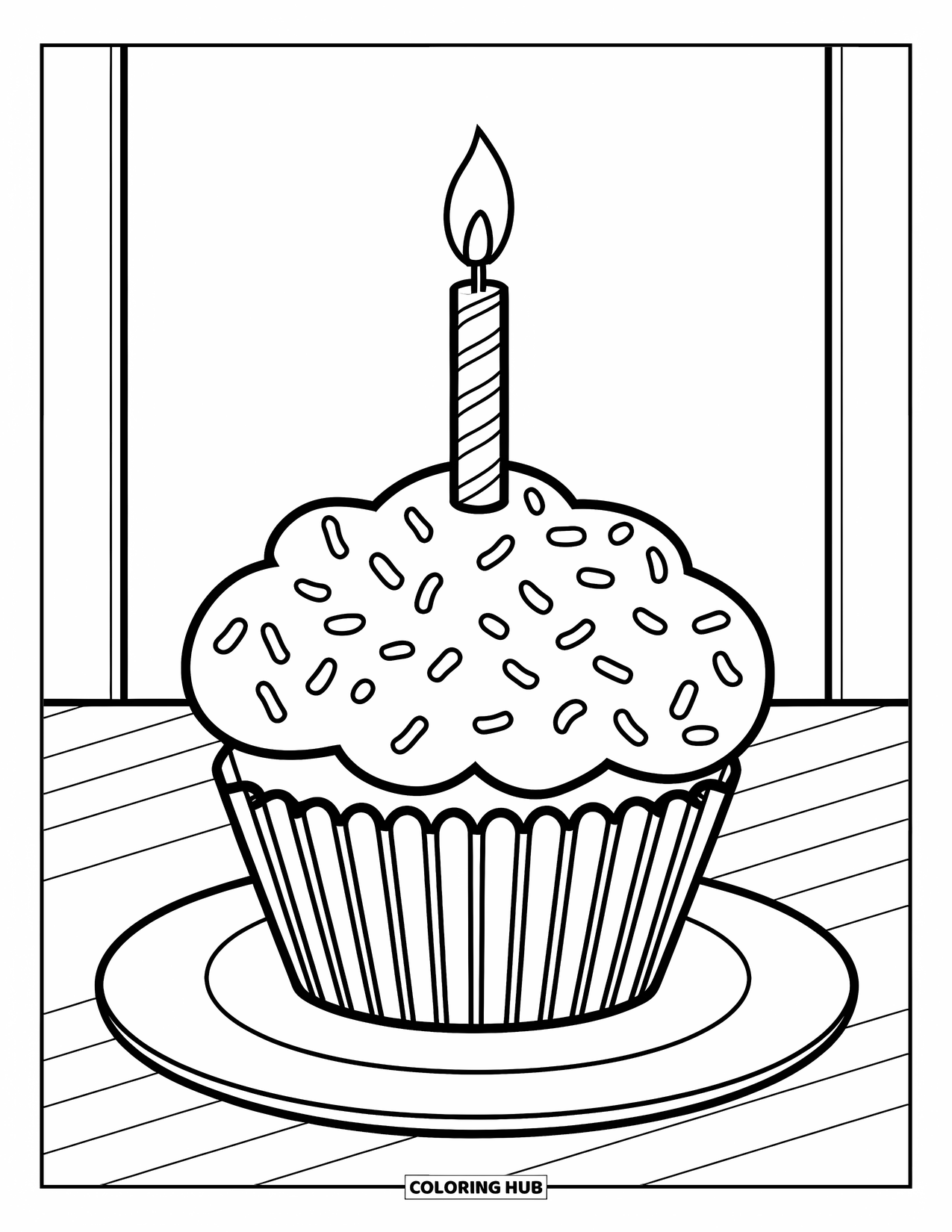 Candle Coloring Page for Kids: Cupcake with sprinkles and one candle sits on a plate