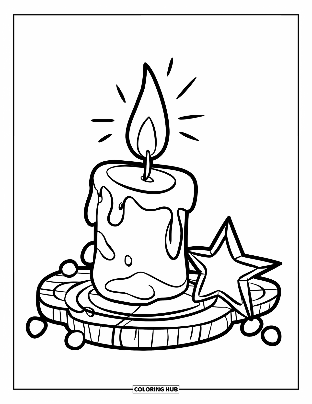 Candle Coloring Page for Kids: Dripping candle and star rest beside round objects on a white surface