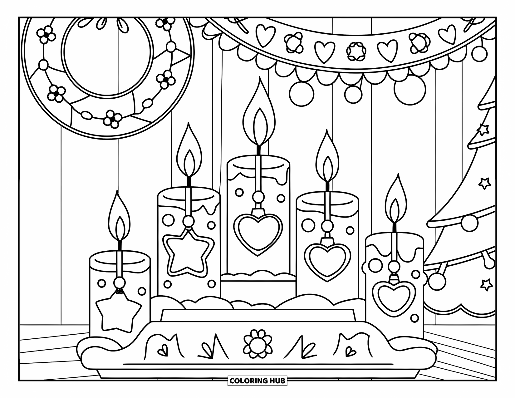 Candle Coloring Page for Kids: Five holiday candles with stars, hearts, and garlands in a cozy festive setting