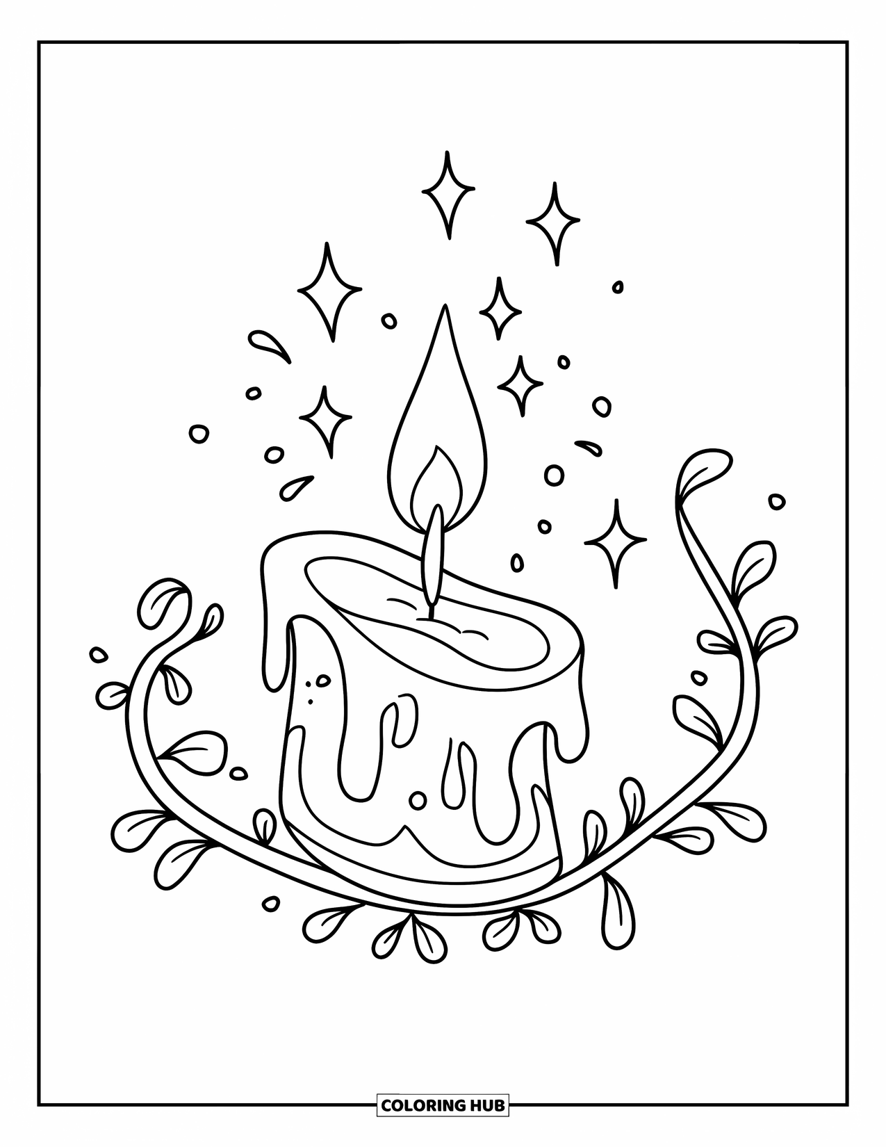 Candle Coloring Page for Kids: Floating candle with sparkles and vines in a peaceful white background