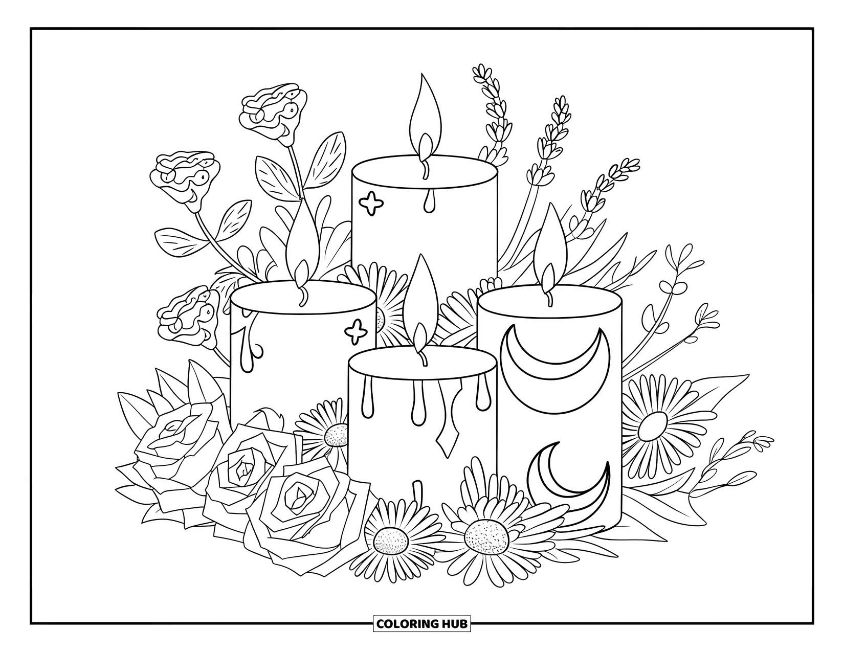 Candle Coloring Page for Kids: Heart, star, and moon candles sit among roses, daisies, and lavender