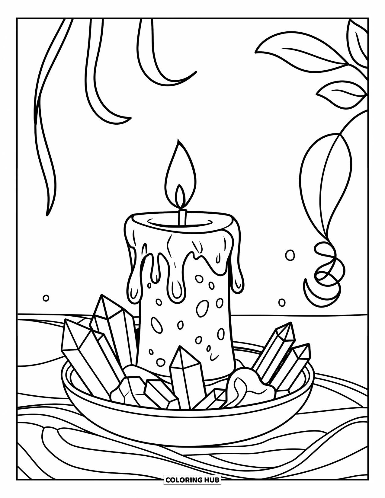 Candle Coloring Page for Kids: Lit candle melts into colorful crystals, with leaves and a ribbon nearby