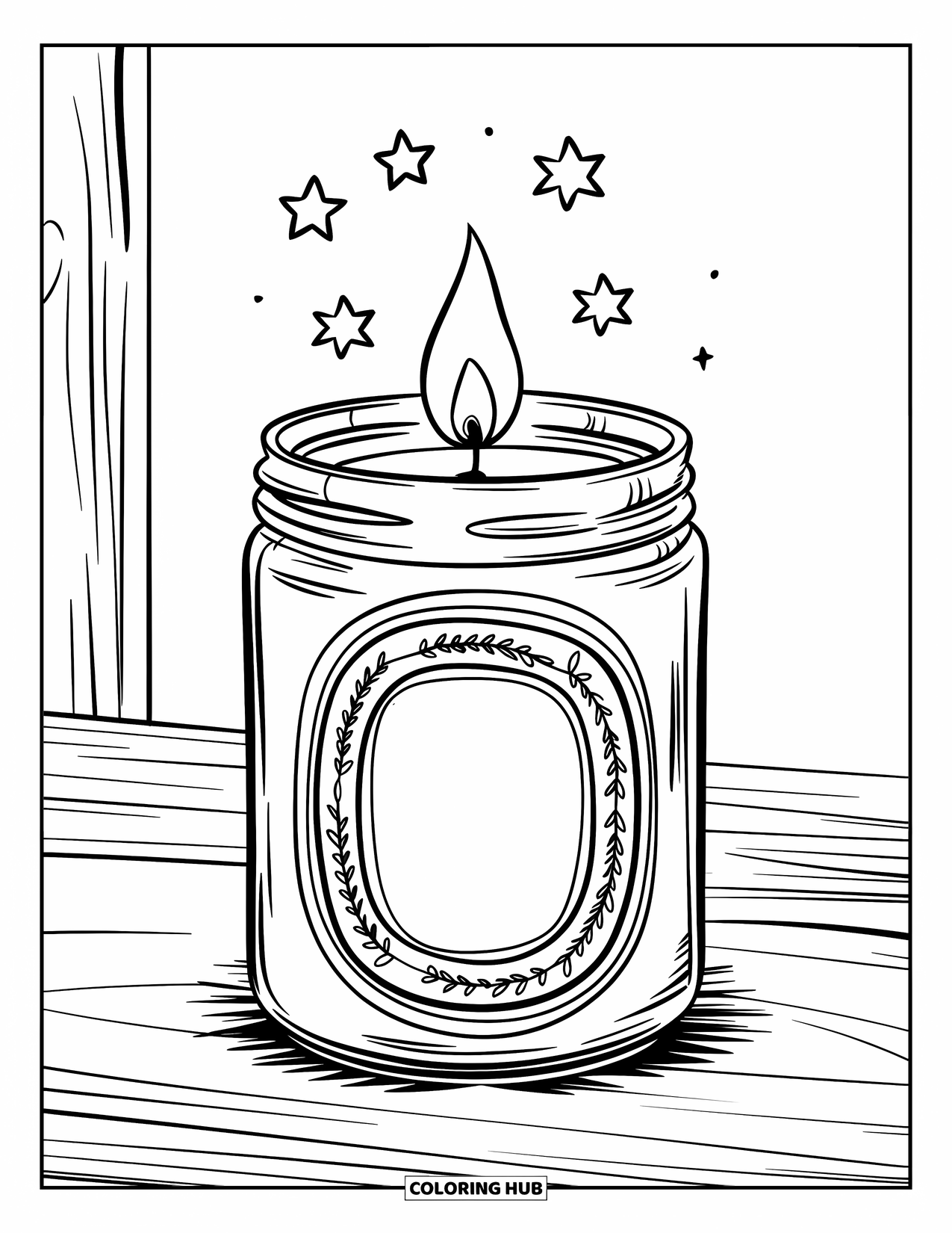 Candle Coloring Page for Kids: Lit jar candle with leafy label and magical star sparks around it