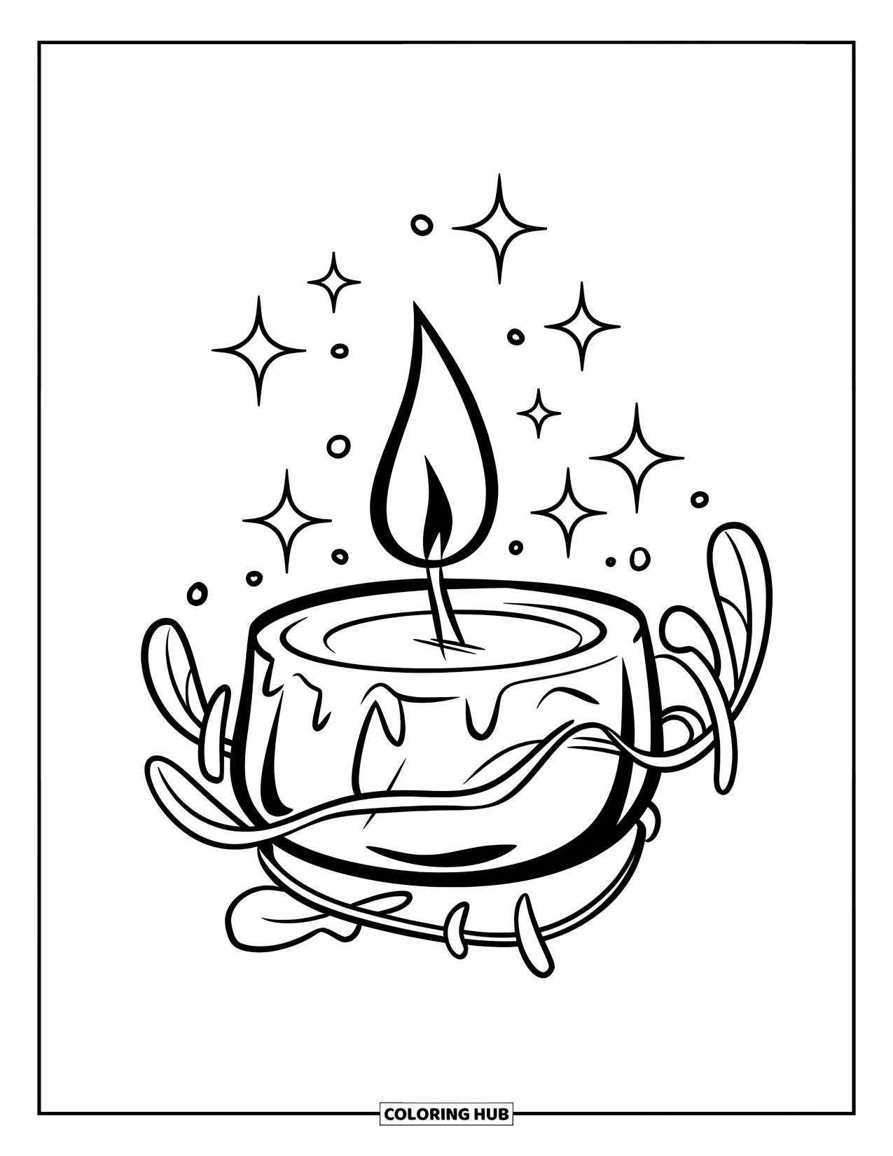 Candle Coloring Page for Kids: Magical floating candle glows with sparkles and curling vines