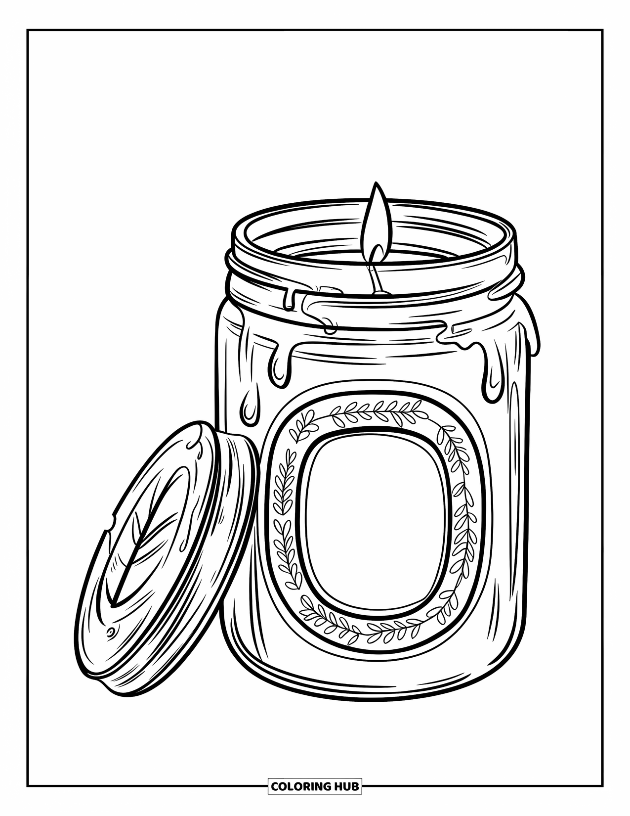 Candle Coloring Page for Kids: Rustic jar candle with leafy design and wax drips