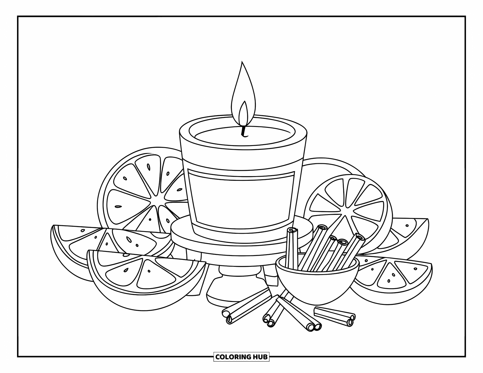 Candle Coloring Page for Kids: Scented candle surrounded by citrus slices and cinnamon sticks on wood