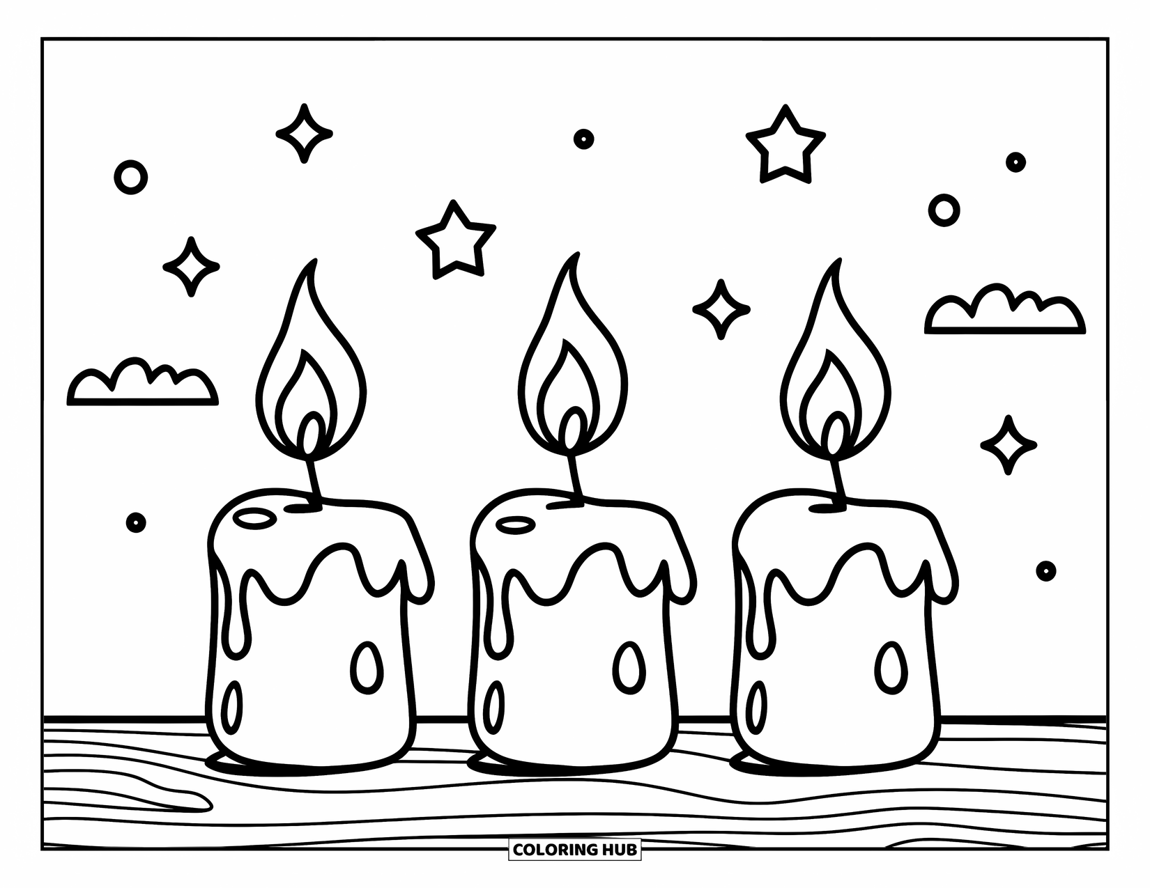 Candle Coloring Page for Kids: Short candles on wood with playful stars and clouds in the background