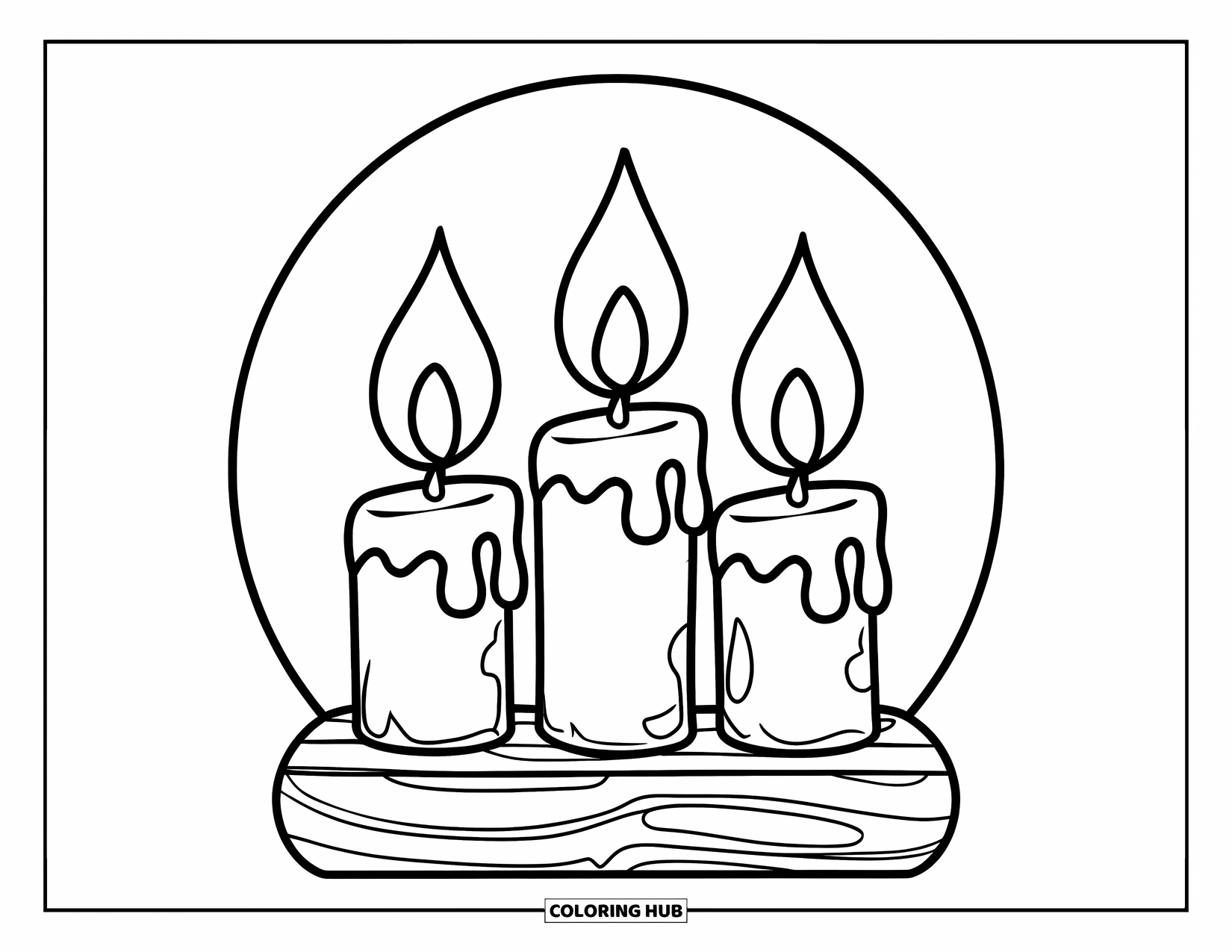 Candle Coloring Page for Kids: Short, playful candles lined up with flames inside a soft circle