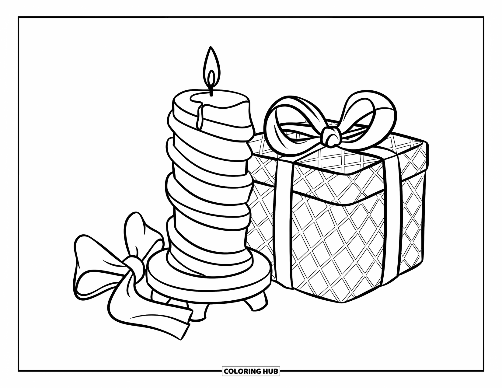 Candle Coloring Page for Kids: Striped candle stands beside a wrapped gift box with a bow