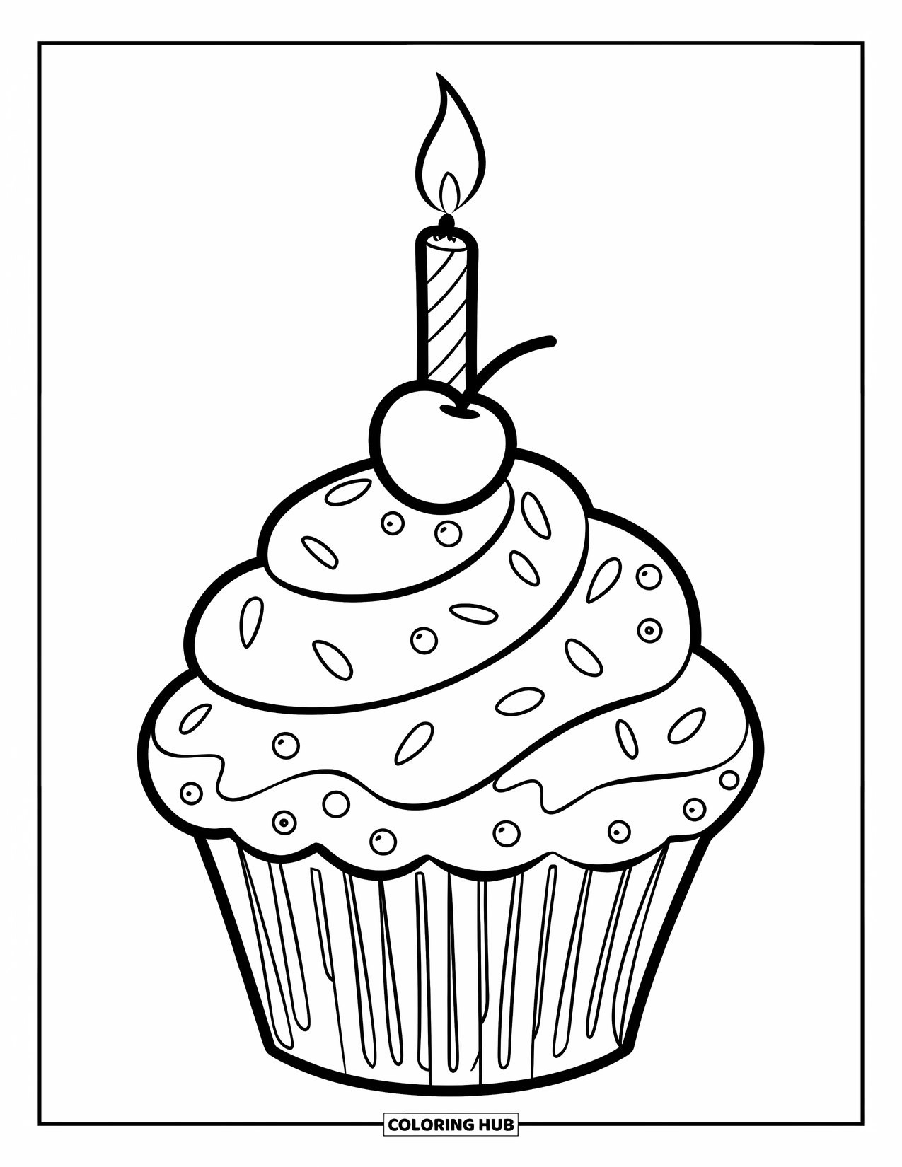 Candle Coloring Page for Kids: Swirly cupcake with candle, sprinkles, and a cherry on top
