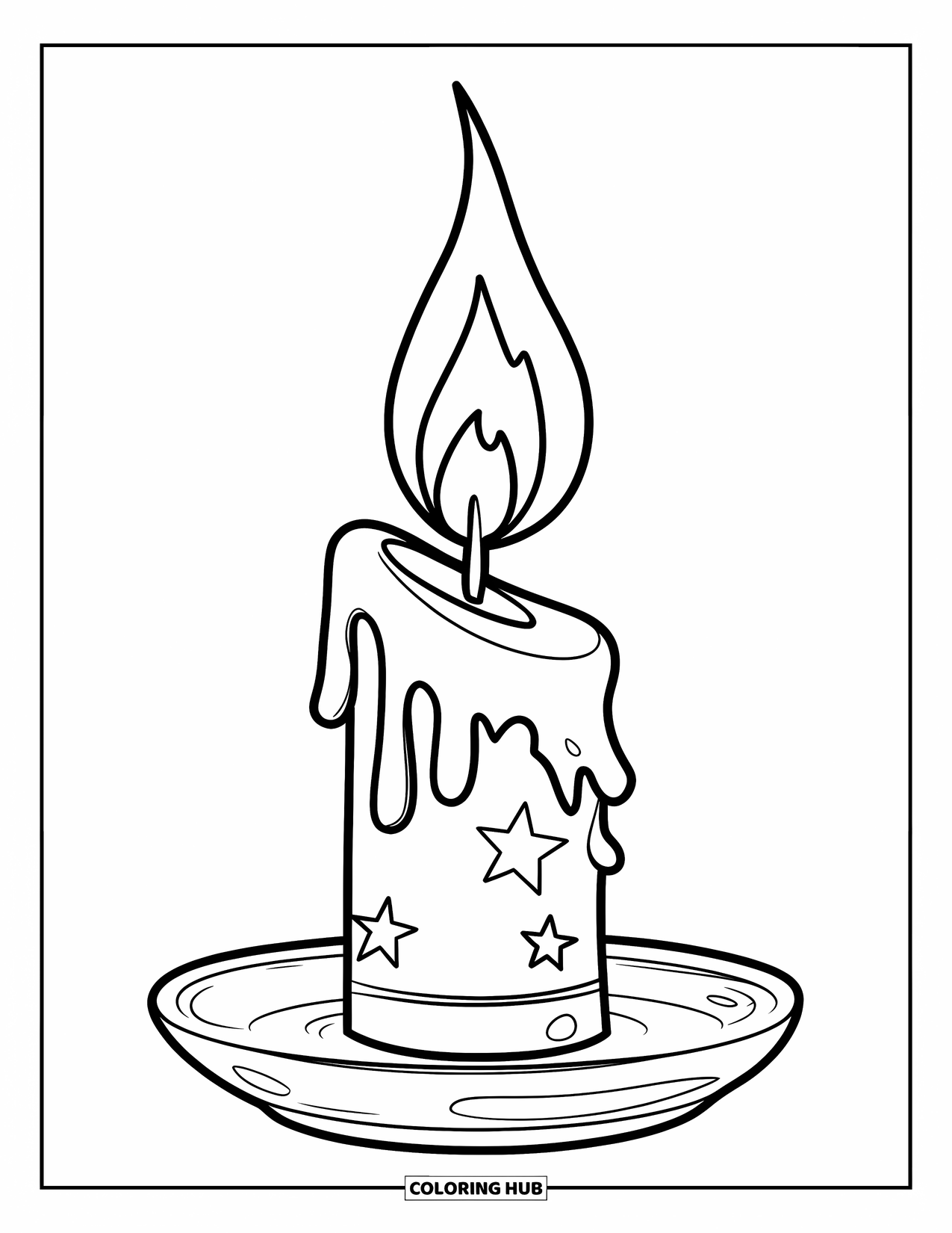 Candle Coloring Page for Kids: Tall star-patterned candle sits on a round plate with a bright flame
