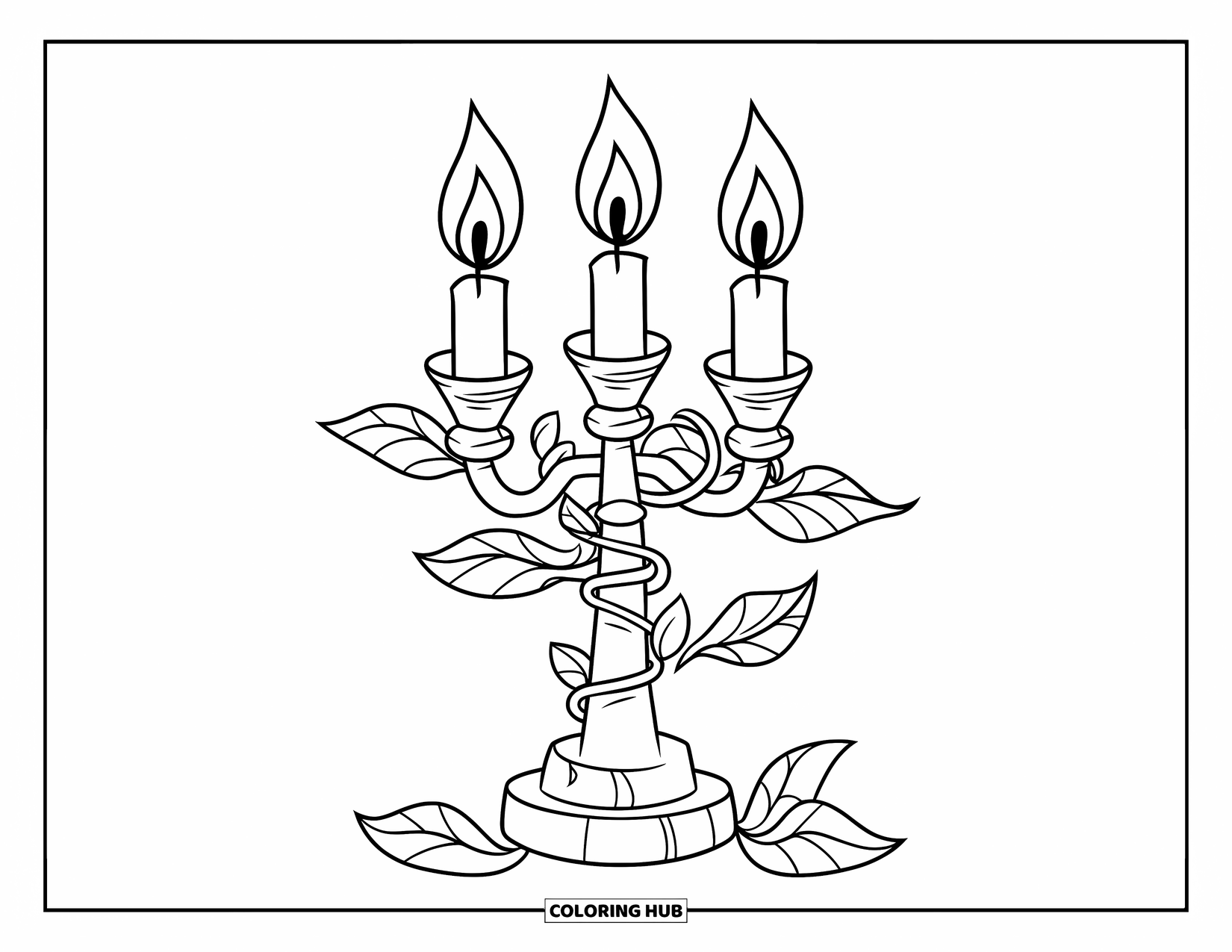 Candle Coloring Page for Kids: Three candles on a vine-wrapped candelabra sit on a stone pedestal