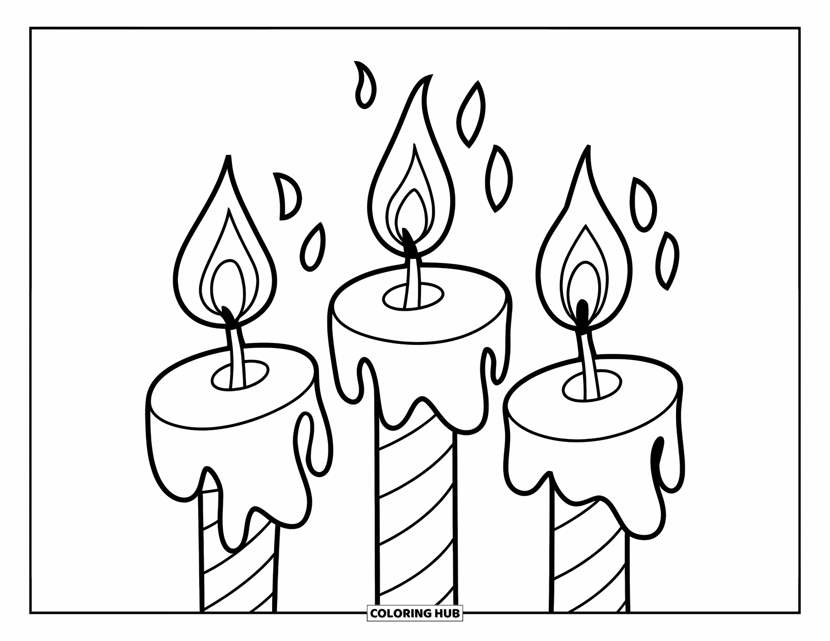 Candle Coloring Page for Kids: Three short candles stand in a row with tiny glowing flames