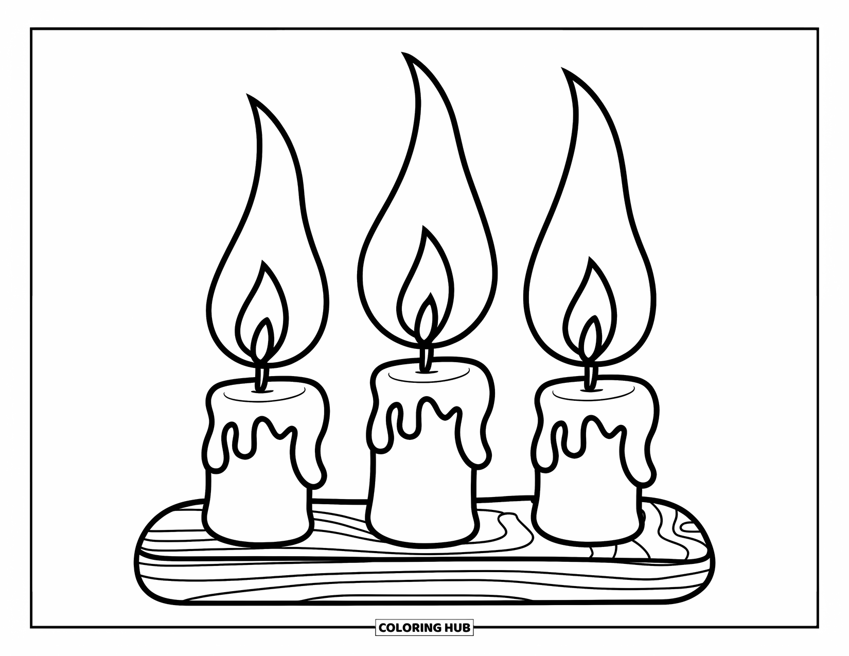 Candle Coloring Page for Kids: Three small candles with flames on a wooden base