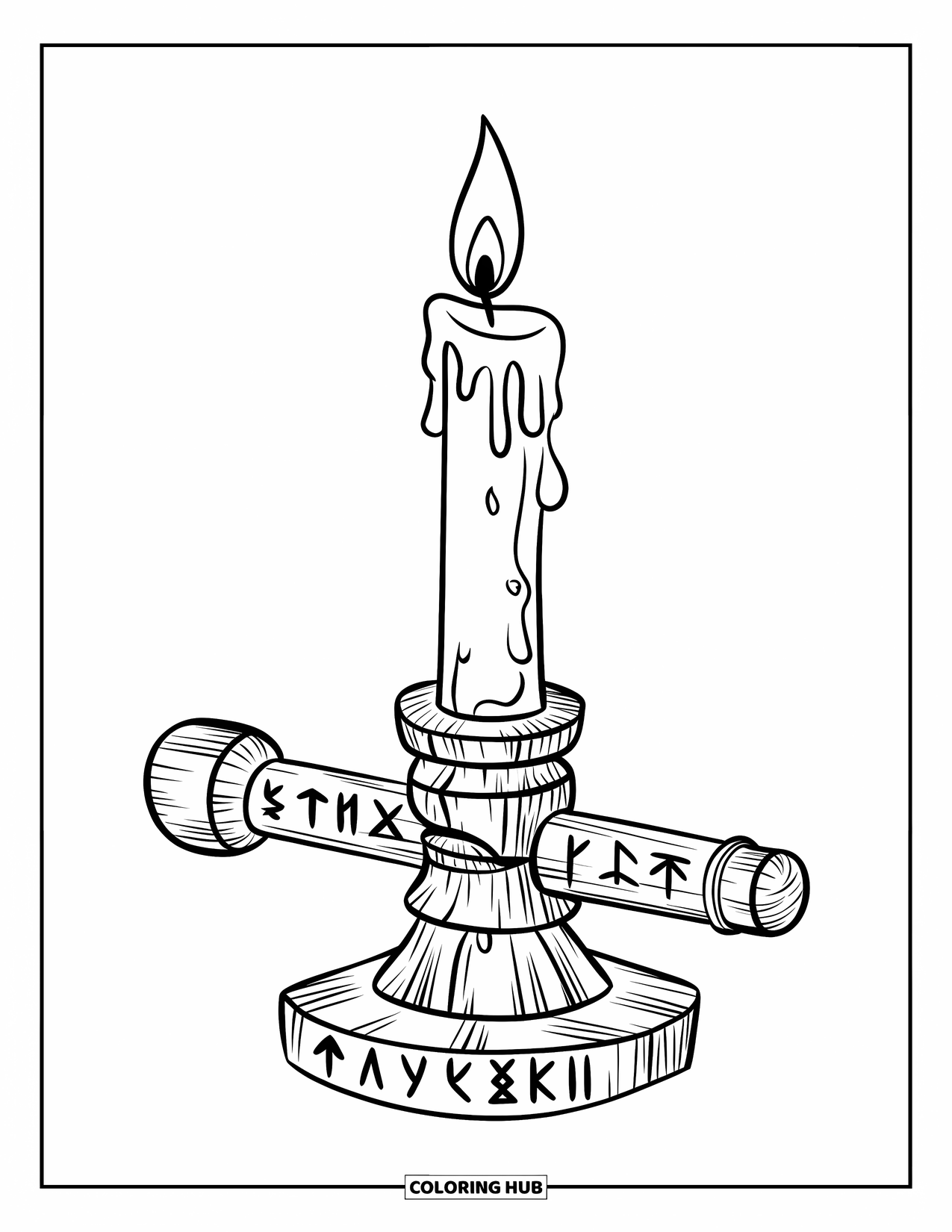 Candle Coloring Page for Kids: Waxy candle stands on a rune holder with a mysterious feel