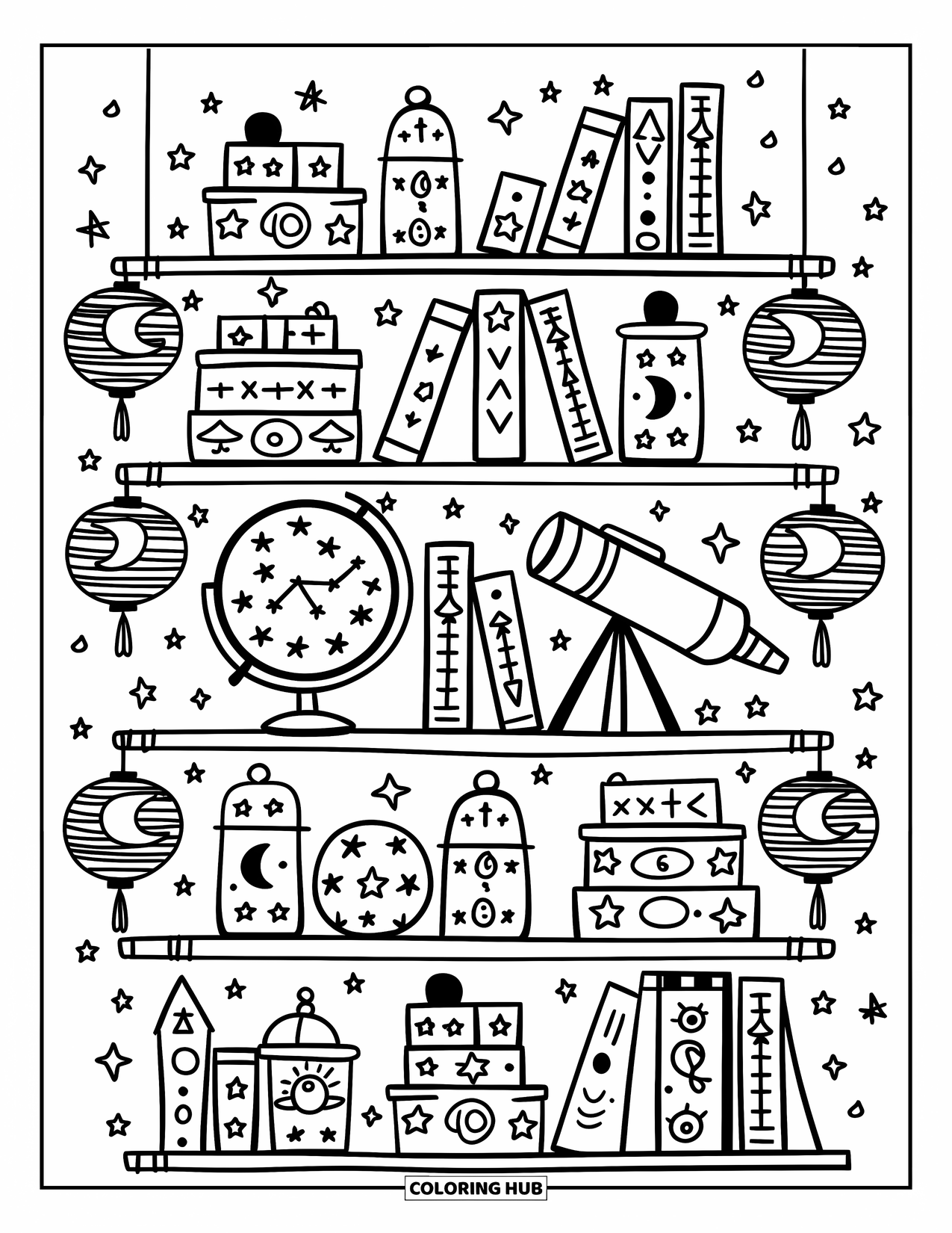 Celestial Coloring Page for Adults: A cozy shelf filled with moons, stars, books, and dreamy decorations