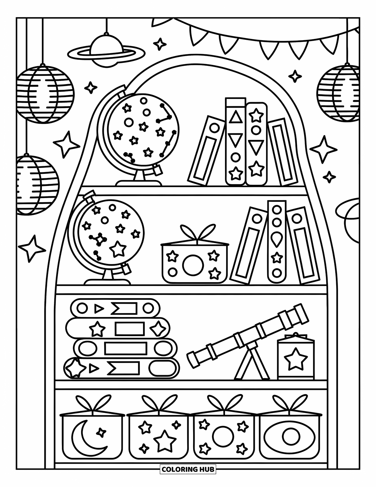 Celestial Coloring Page for Adults: Celestial shelf holds books, globes, trinkets, and paper moon lanterns