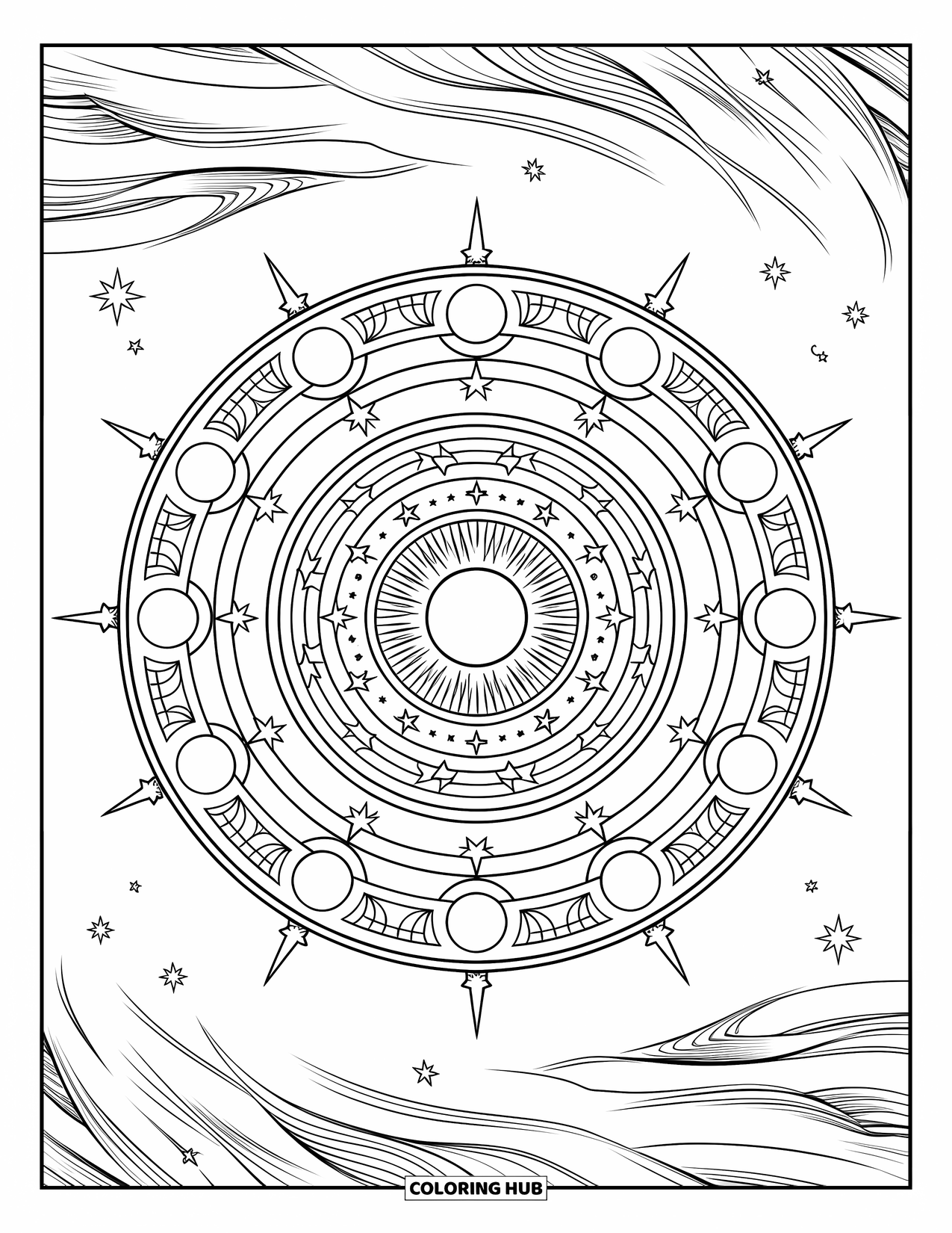 Celestial Coloring Page for Adults: Concentric mandala with stars, moons, and swirling celestial details