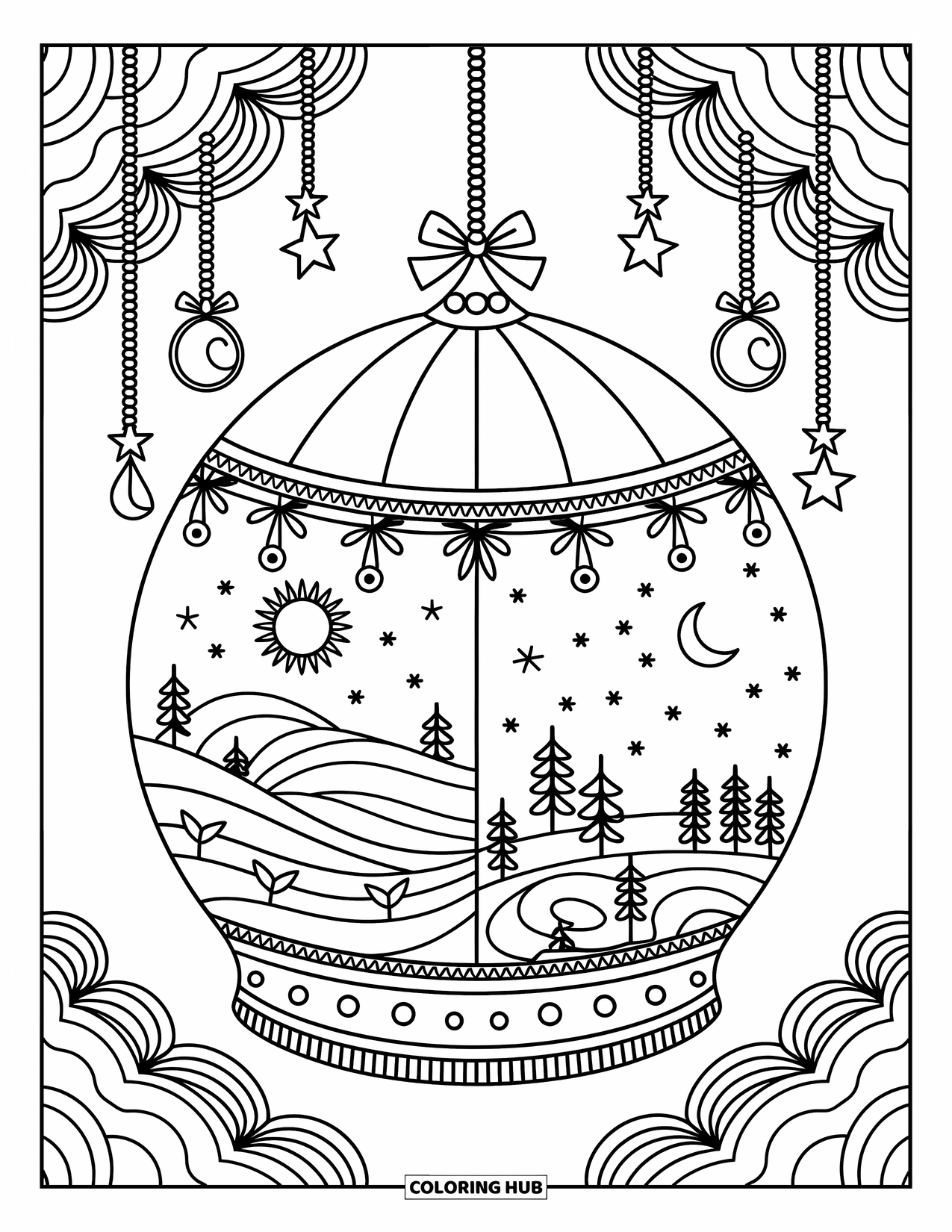 Celestial Coloring Page for Adults: Cosmic terrarium holds tiny day and night scenes under a charm-filled dome