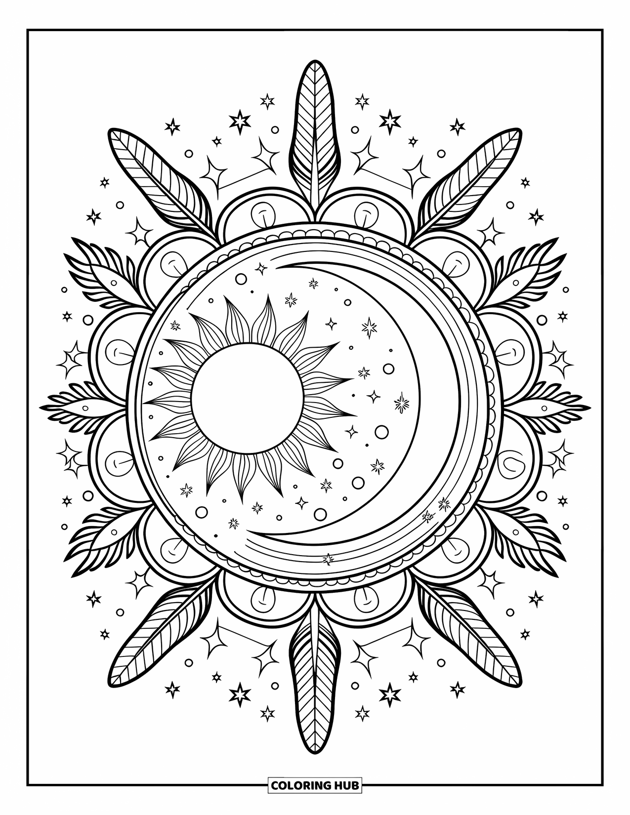 Celestial Coloring Page for Adults: Crescent moon and sun meet inside a frame of feathers and stars