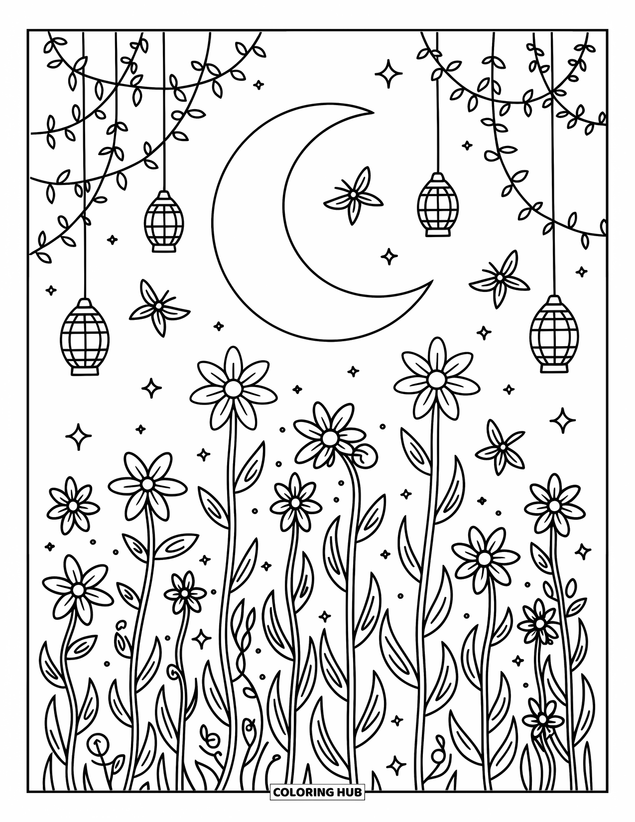 Celestial Coloring Page for Adults: Crescent moon shines over star-shaped flowers and swaying lanterns