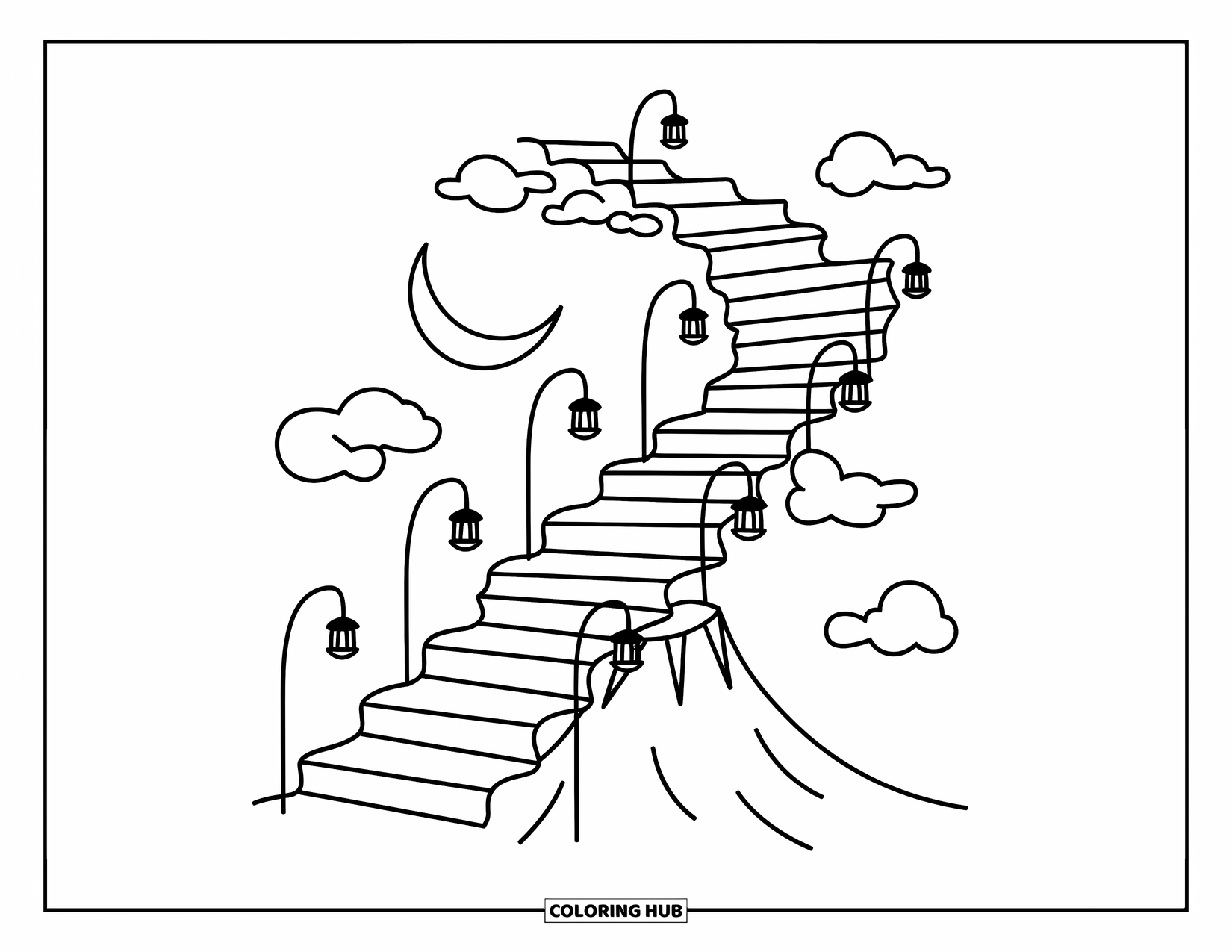 Celestial Coloring Page for Adults: Crescent steps rise through clouds to the moon, lit by soft lanterns