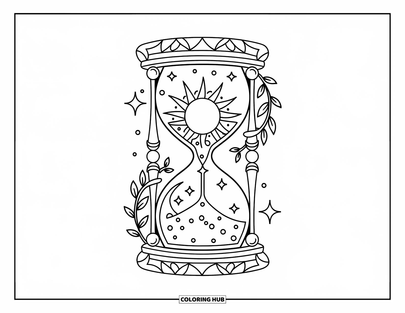 Celestial Coloring Page for Adults: Decorated hourglass shows the sun gently pouring into the moon