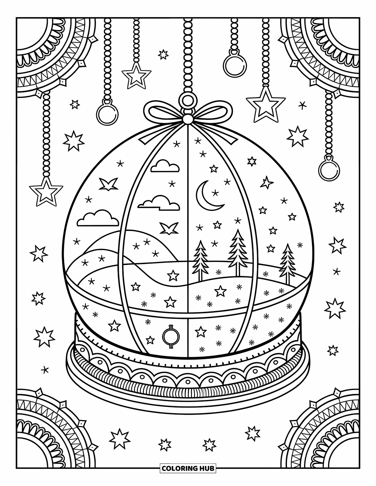 Celestial Coloring Page for Adults: Dome-shaped terrarium shows sunlit hills and a moonlit forest side by side