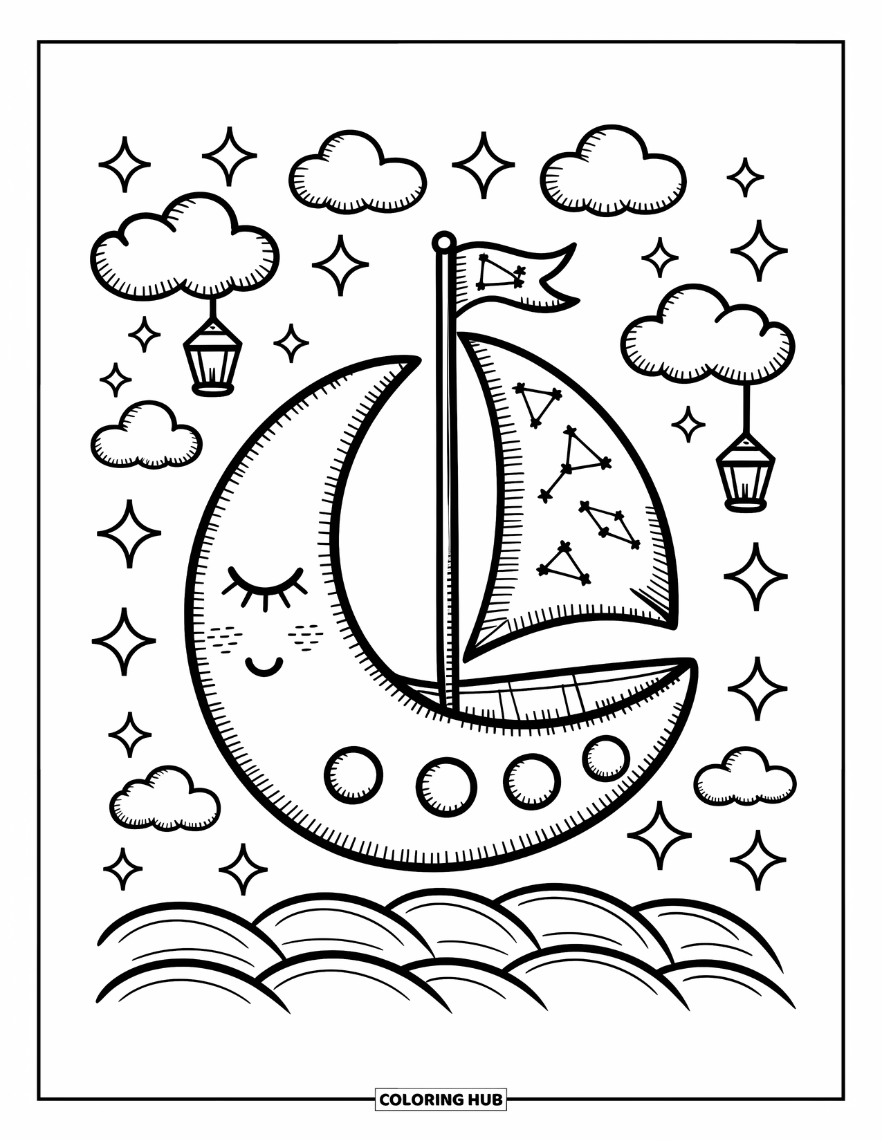 Celestial Coloring Page for Adults: Floating moon boat glides above clouds with tiny lanterns and stars