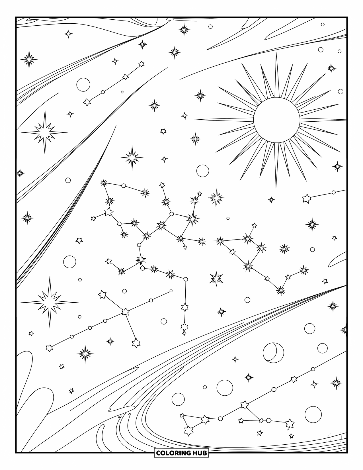Celestial Coloring Page for Adults: Flowing galaxy design with stars, moons, and constellation labels