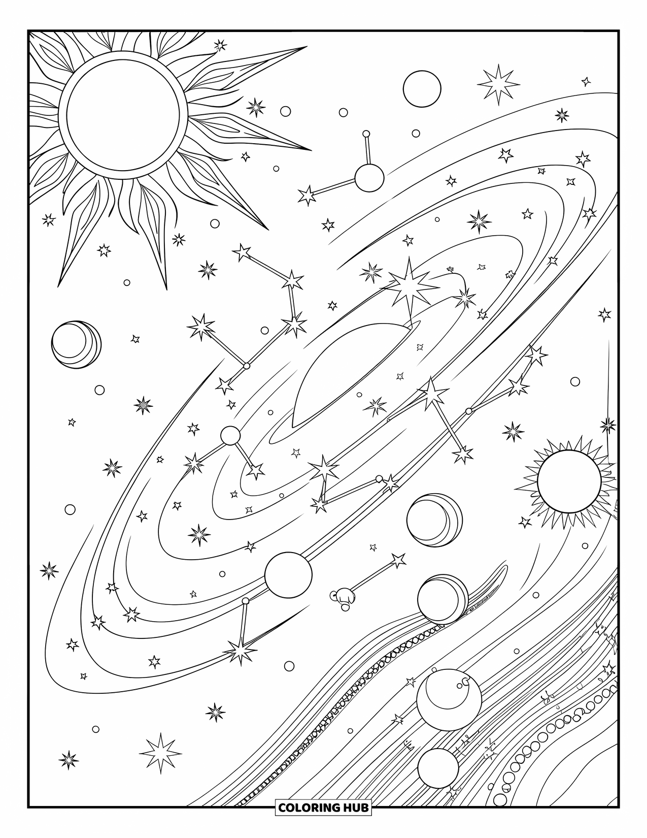 Celestial Coloring Page for Adults: Galaxy map shows constellations, moons, and radiant sun in swirling trails
