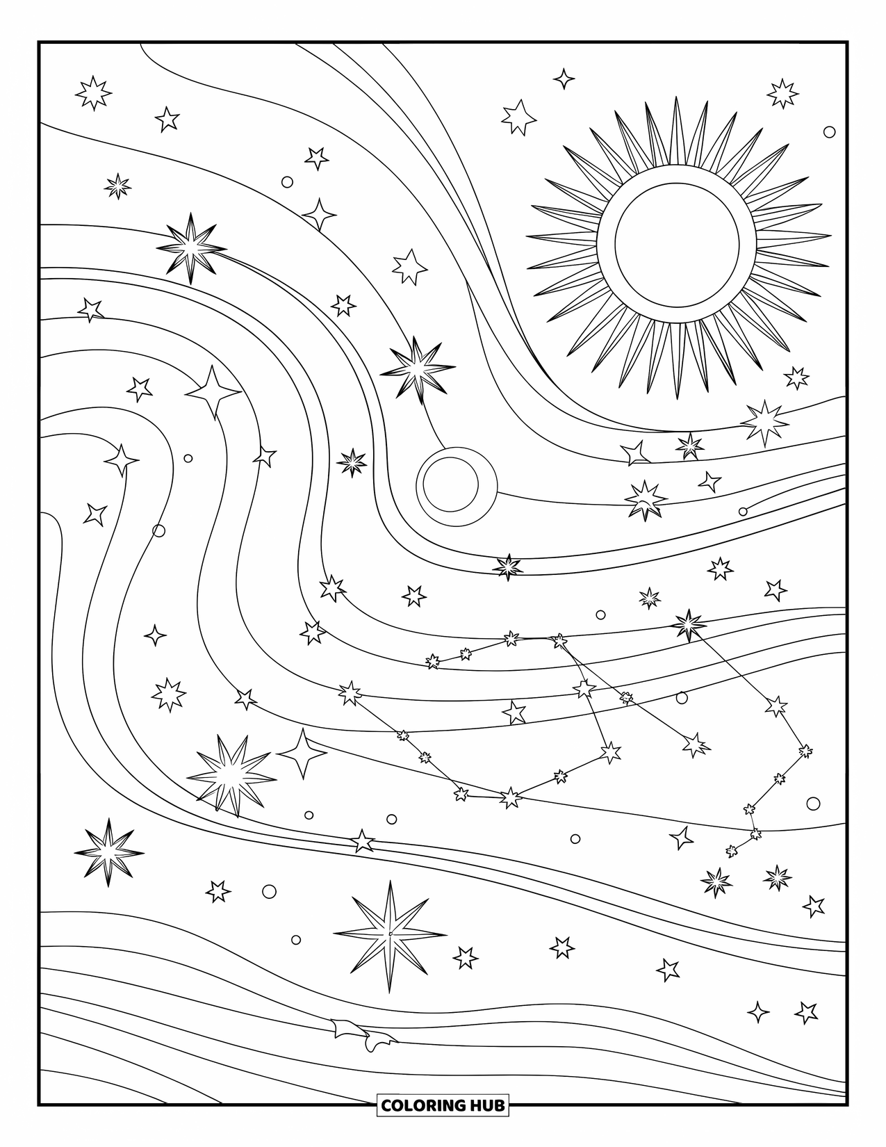 Celestial Coloring Page for Adults: Intricate galaxy map with labeled constellations and orbiting moons