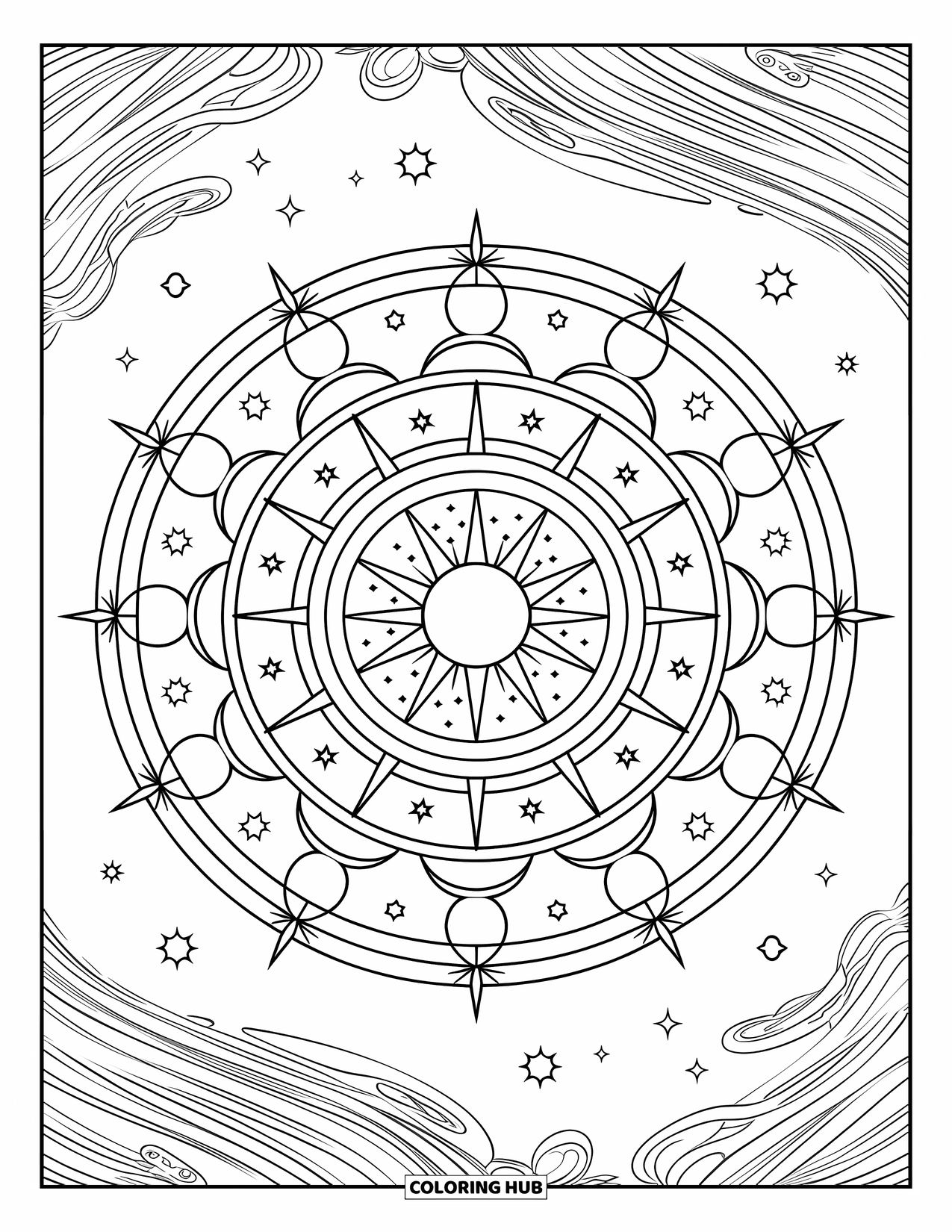 Celestial Coloring Page for Adults: Mandala filled with stars, moons, and planets in swirling rings