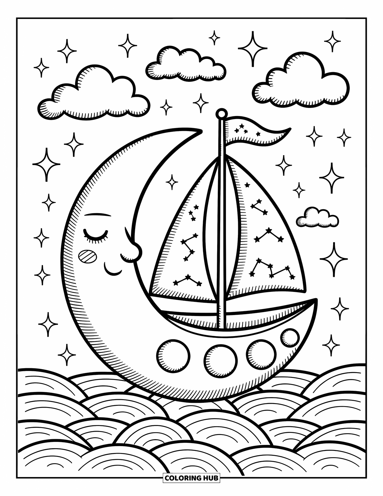Celestial Coloring Page for Adults: Moon boat drifts across clouds with constellation flags and sparkles