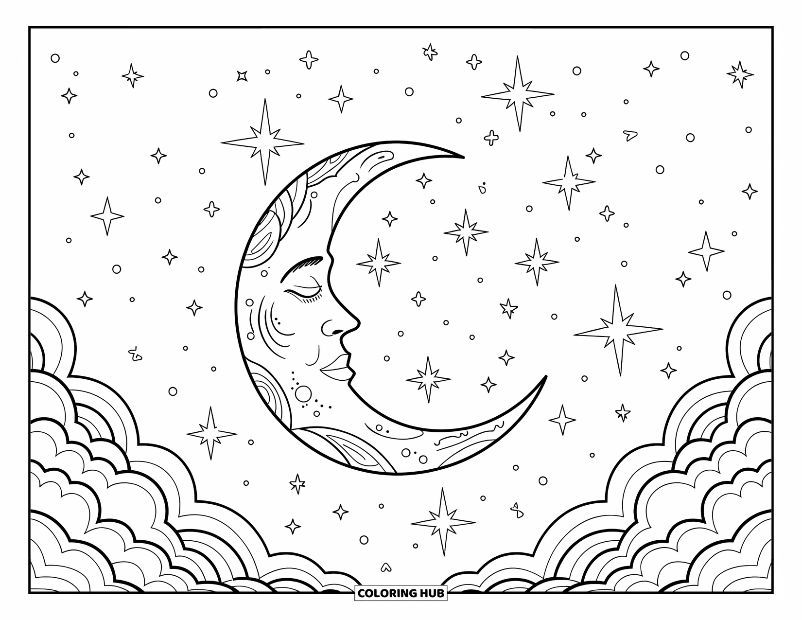 Celestial Coloring Page for Adults: Moon floats in clouds surrounded by sparkles and starry skies