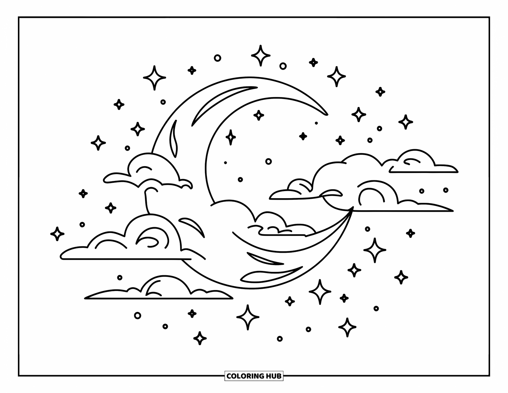Celestial Coloring Page for Adults: Moon nestled in clouds with sparkles twinkling above