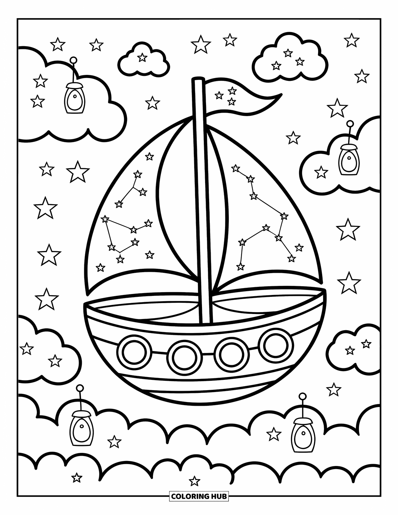 Celestial Coloring Page for Adults: Moon-shaped boat floats among clouds with constellation sails and tiny lanterns