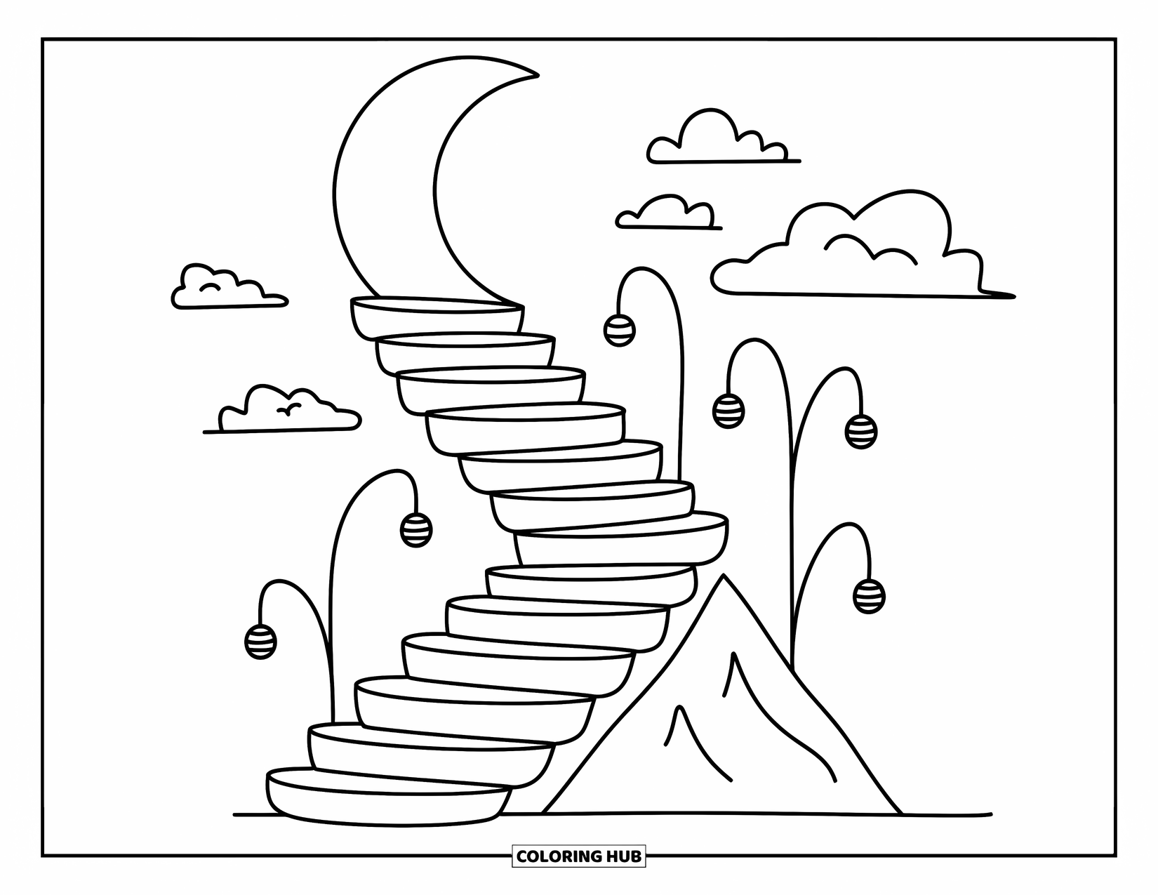 Celestial Coloring Page for Adults: Moonlit stairway of crescents drifts above a mountain with glowing lanterns