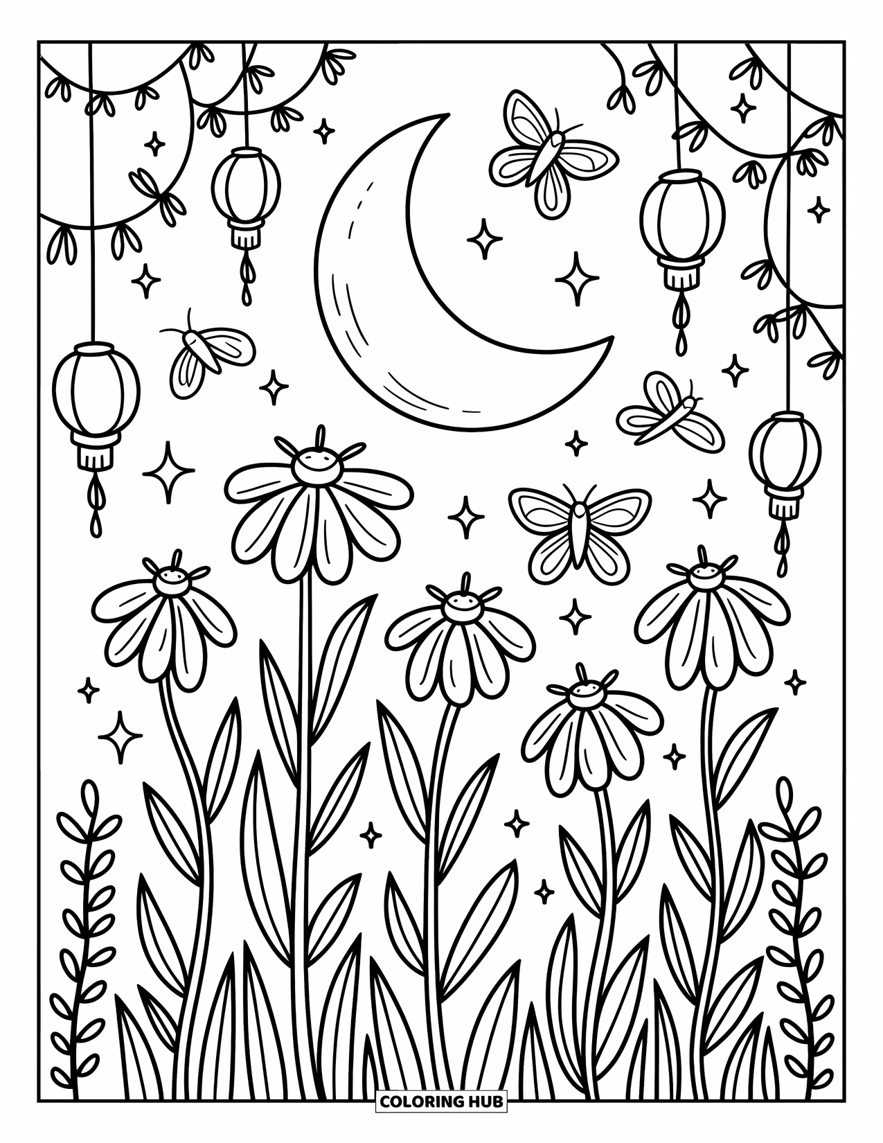 Celestial Coloring Page for Adults: Peaceful garden glows under a crescent moon with lanterns and vines