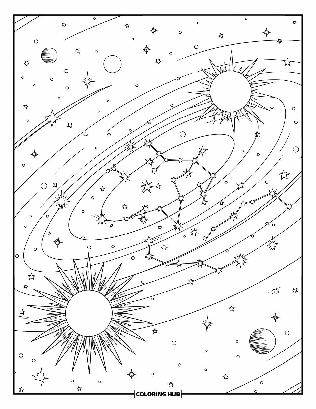 Celestial Coloring Page for Adults: Radiant sun and labeled constellations orbit within a galaxy trail