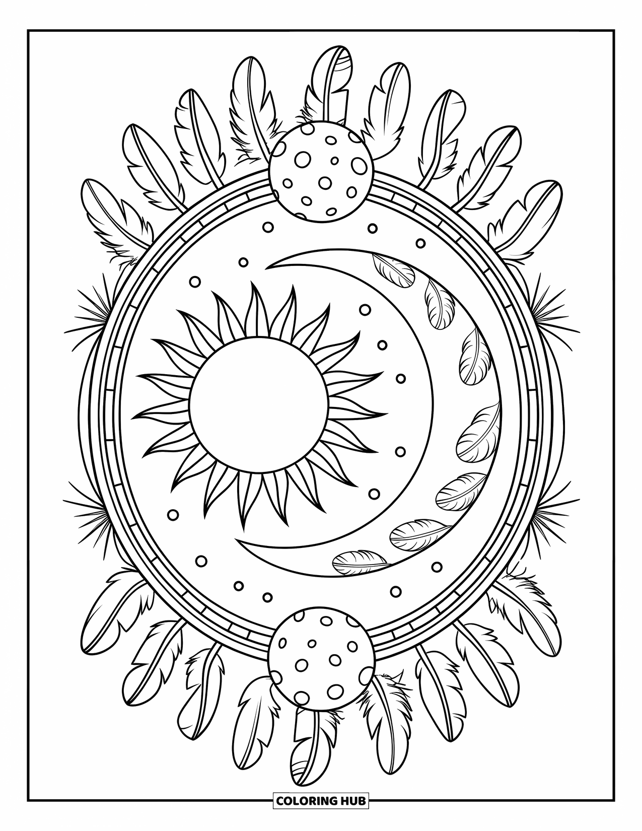 Celestial Coloring Page for Adults: Sun and moon share a frame of feathers, orbs, and glowing patterns