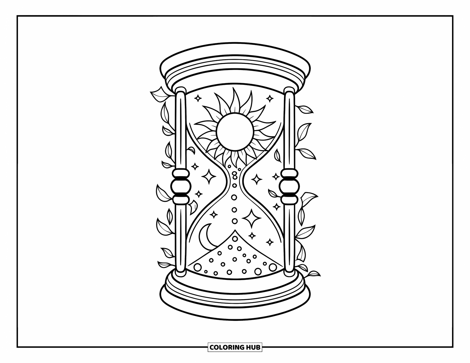Celestial Coloring Page for Adults: Sun pours into moon through a cosmic hourglass wrapped in galaxy vines