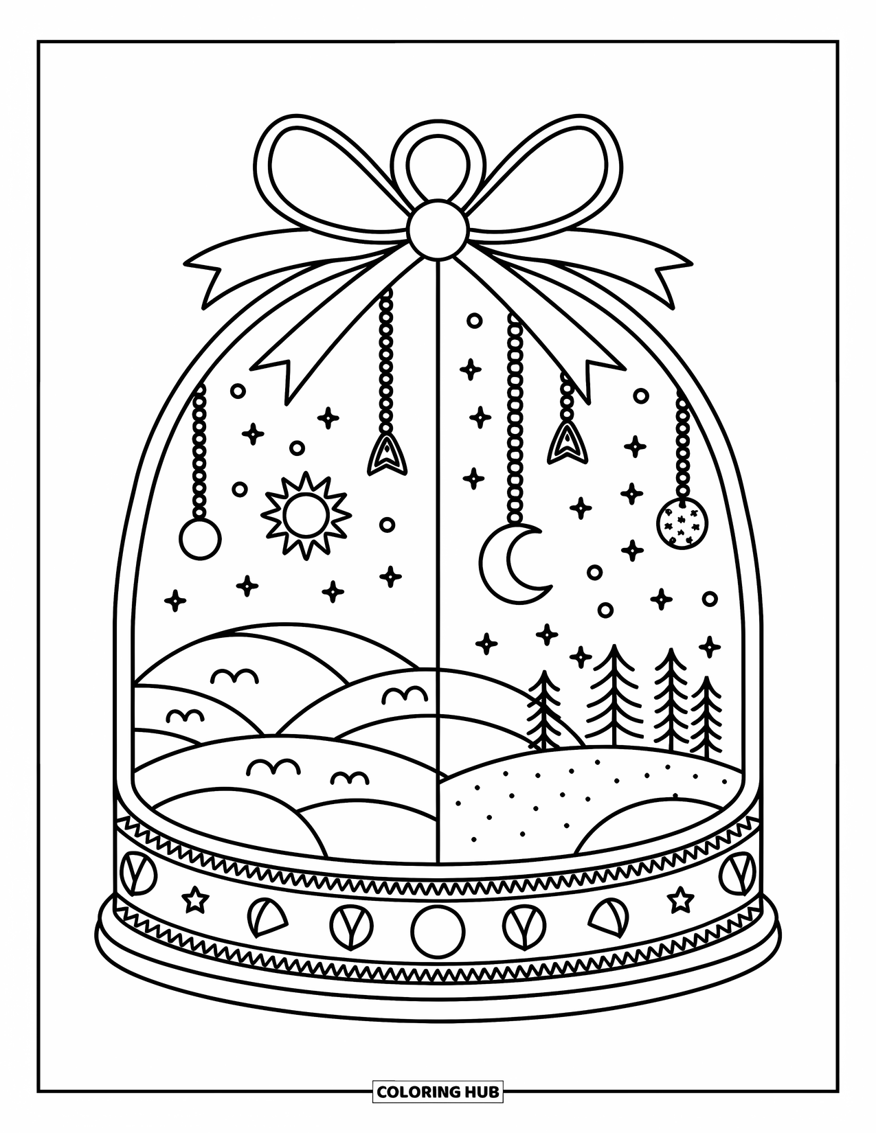 Celestial Coloring Page for Adults: Whimsical dome holds both day and night in one tiny cosmic world