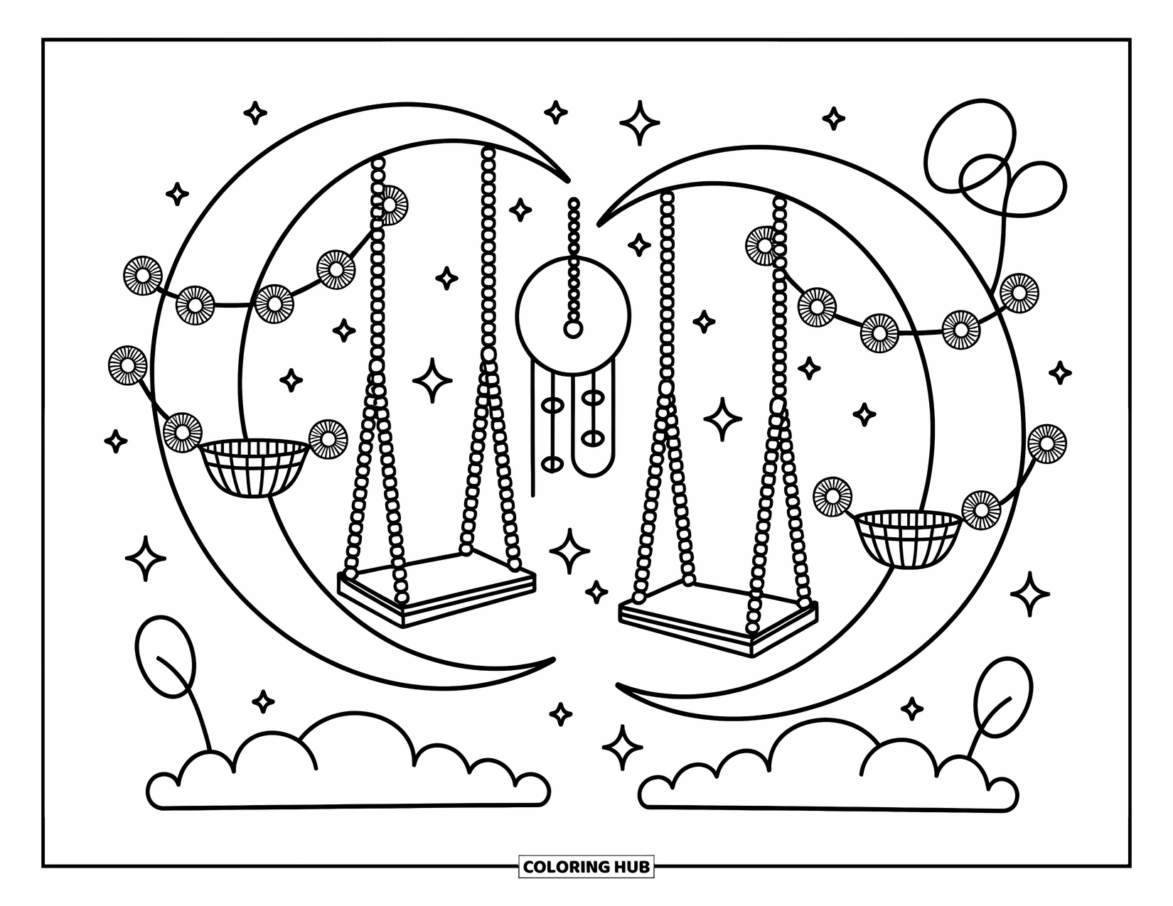 Celestial Coloring Page for Adults: Whimsical moon swings dangle over clouds with flowers and tiny chimes