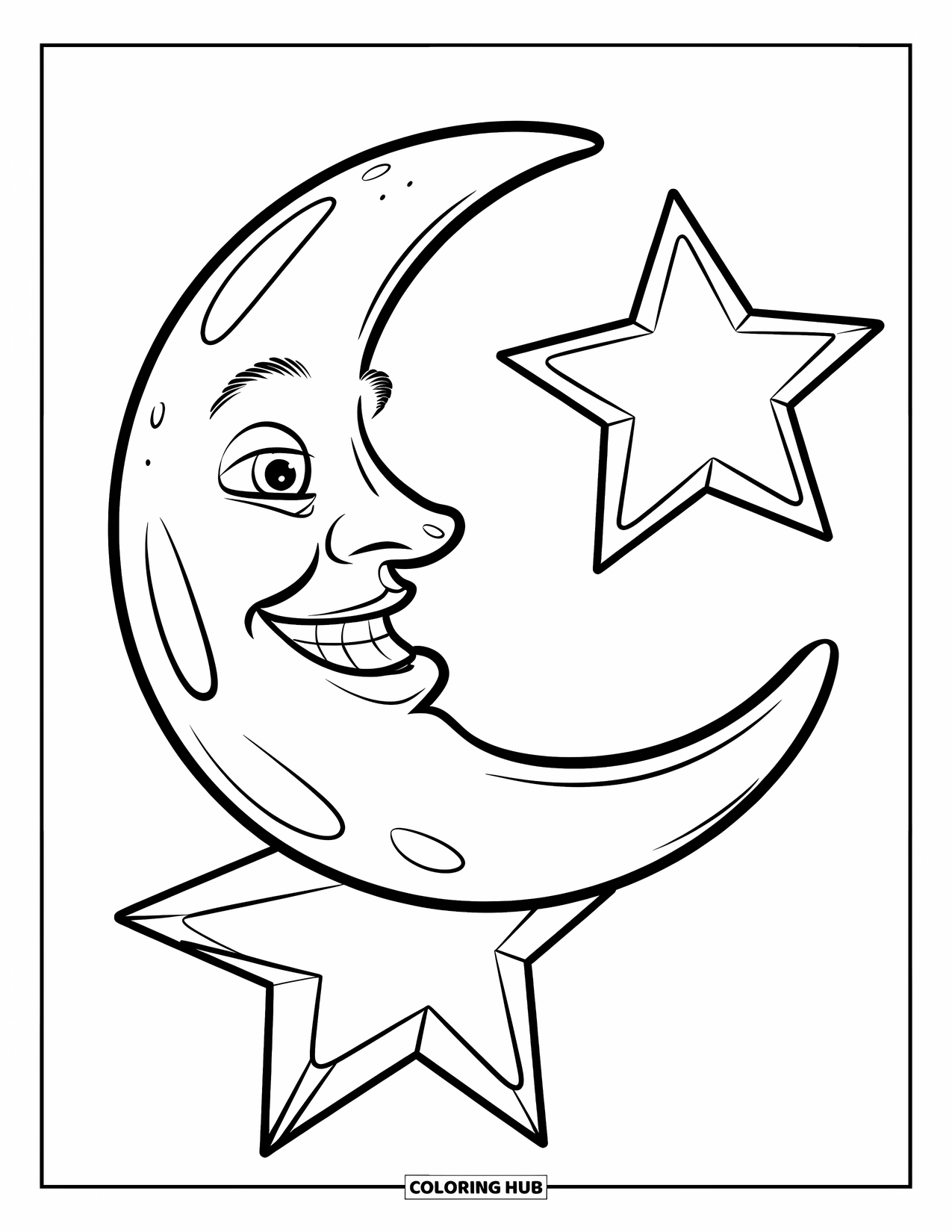 Celestial Coloring Page for Kids: Big smiling moon beside one bold star