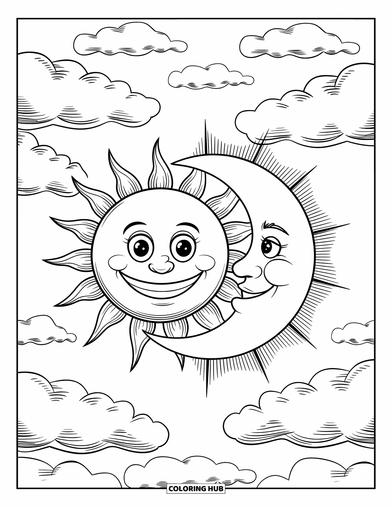Celestial Coloring Page for Kids: Big smiling sun and gentle moon in a fluffy cloud sky