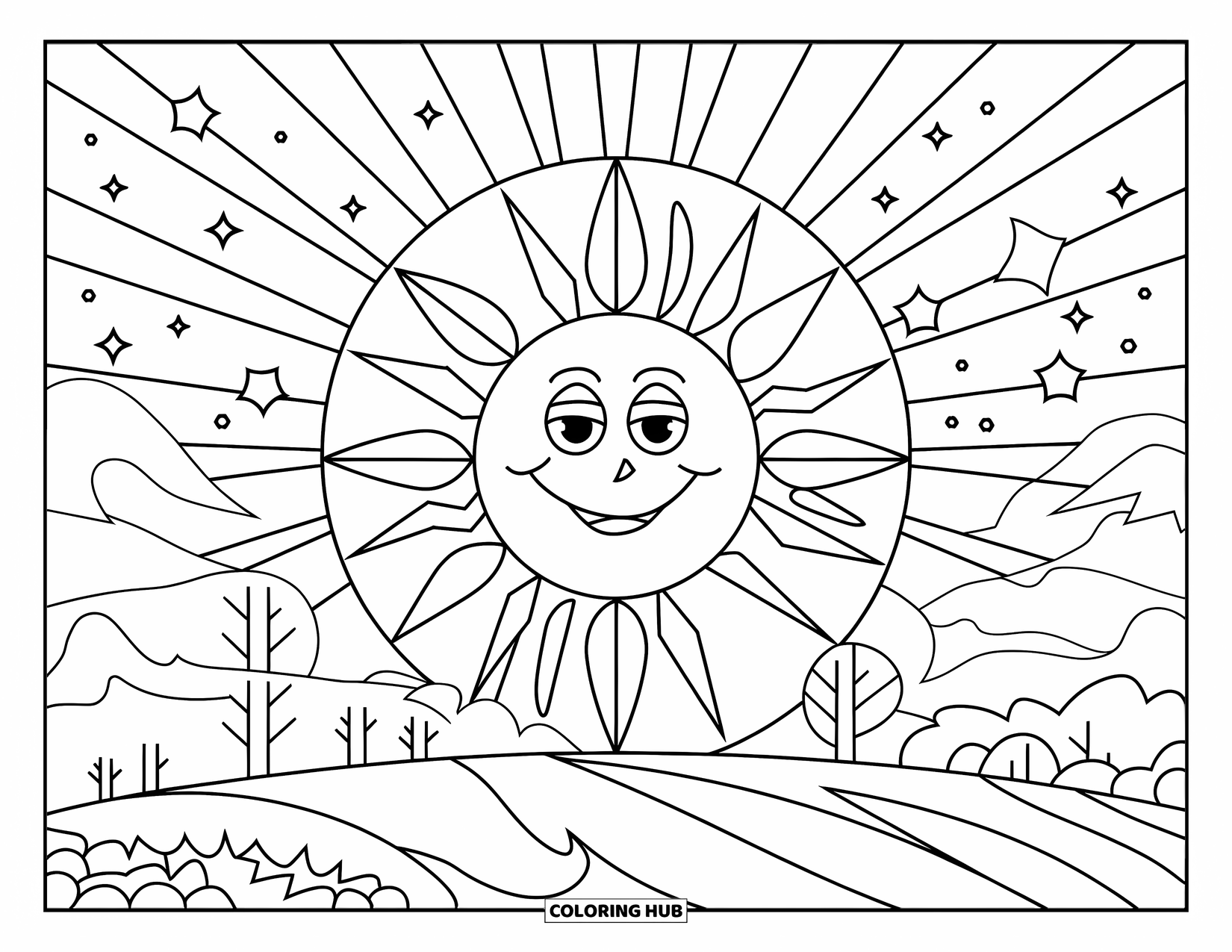 Celestial Coloring Page for Kids: Cheerful sun peeks over a hill with trees and stars