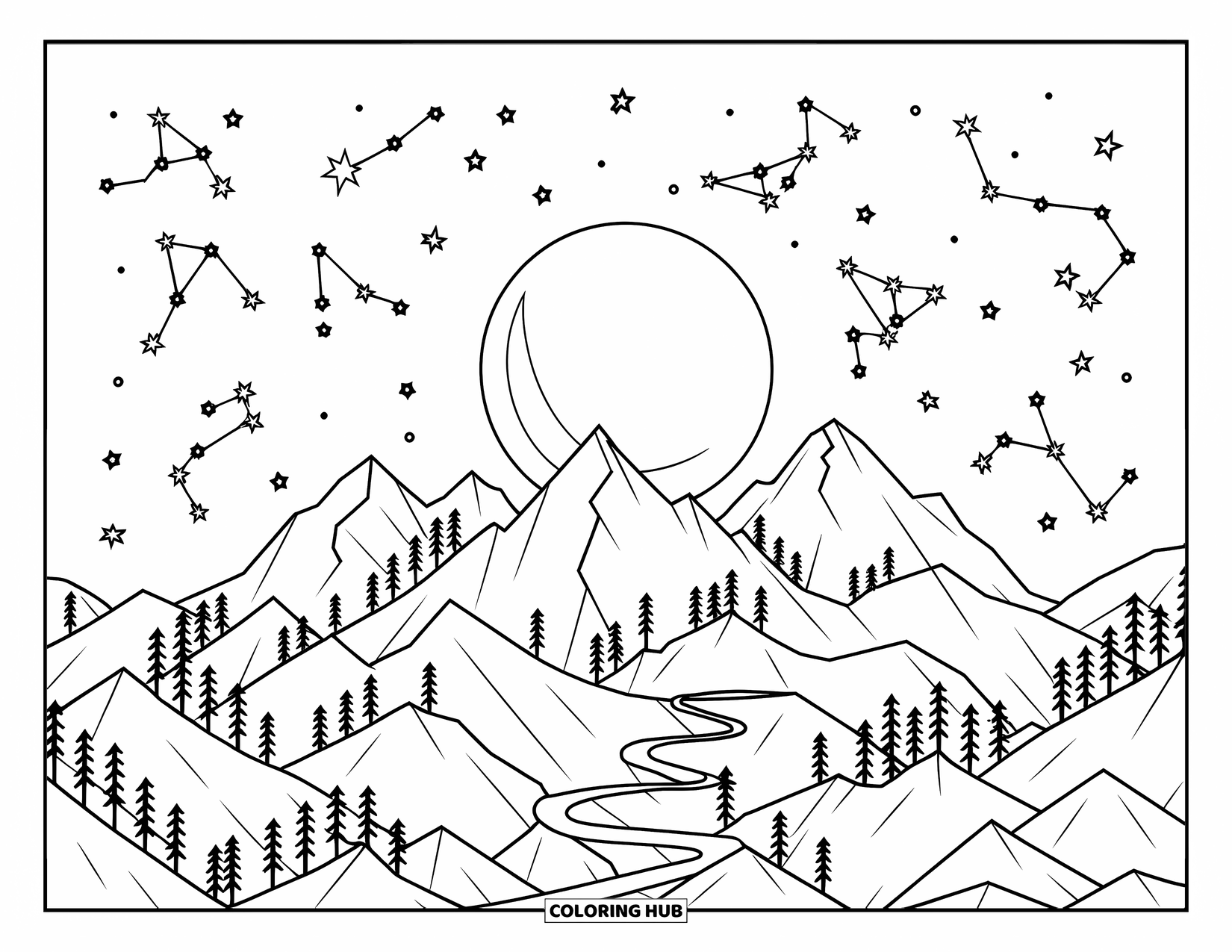 Celestial Coloring Page for Kids: Craggy mountains with a moon above and a trail leading to the peak